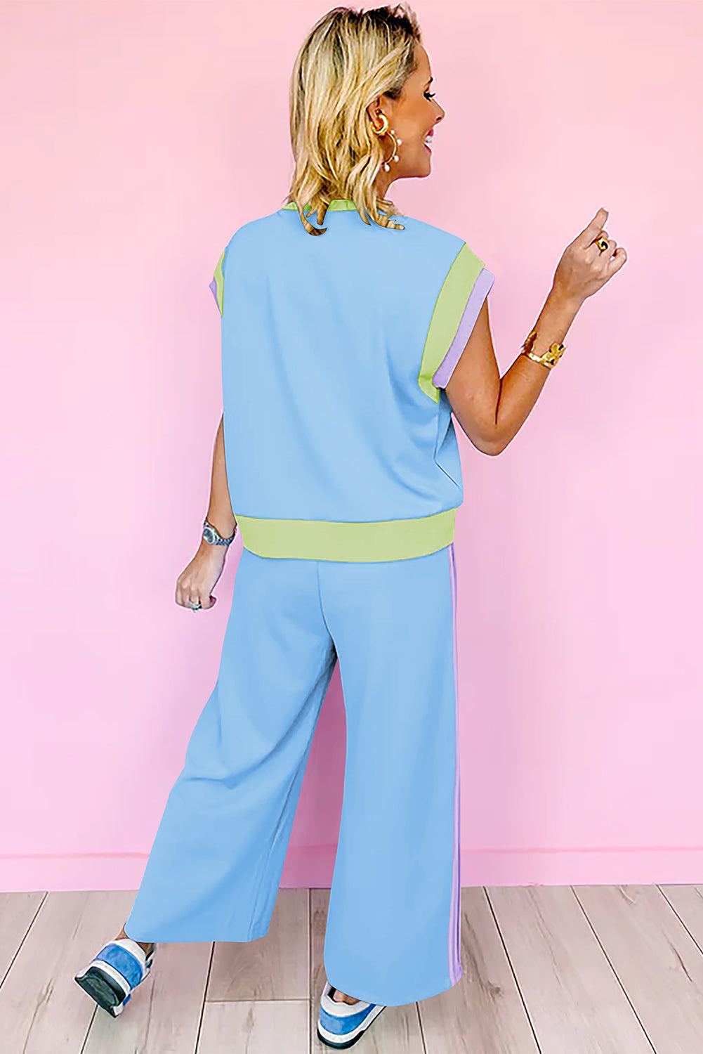 Colour Block Cap Sleeve Tee & Crop Wide Leg Trousers Set | 8 Colours