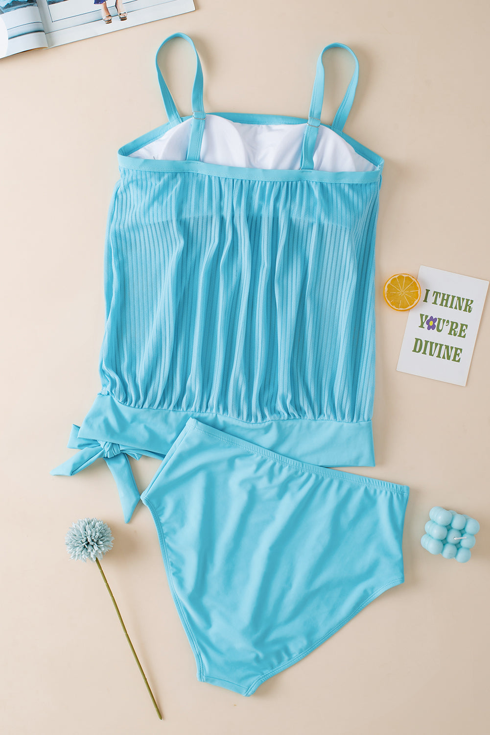LivelyLooks Turquoise Striped Mesh Knotted Hem Tankini Swimsuit S-2XL women's fashion