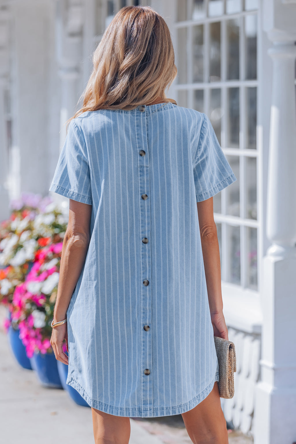 Sky Blue Stripe Buttoned Back T-Shirt Denim Mini Dress S-XL