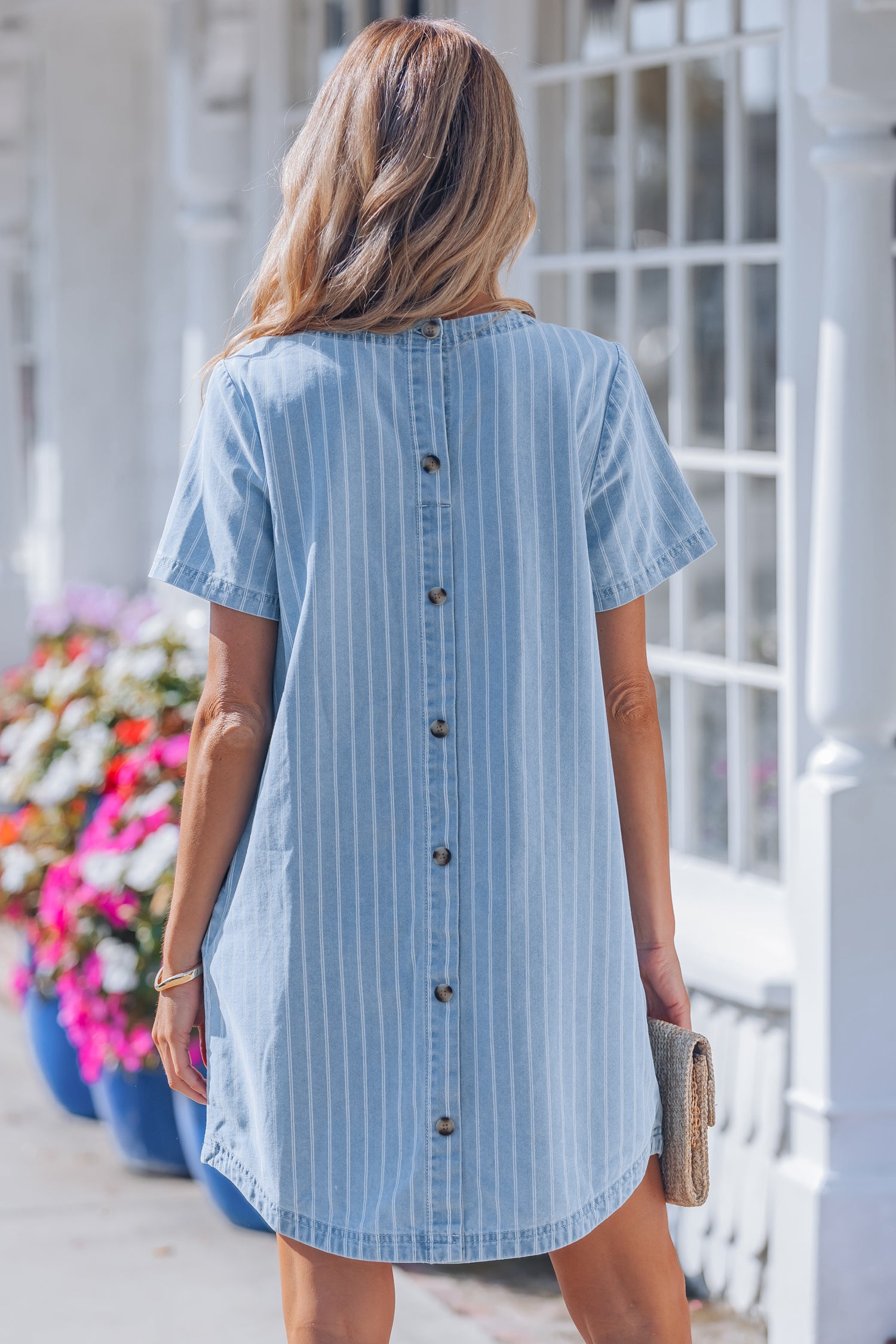 Sky Blue Stripe Buttoned Back T-Shirt Denim Mini Dress S-XL