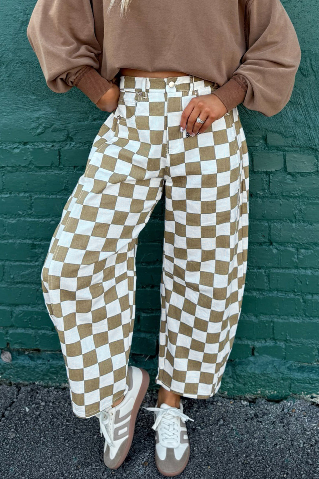 White Checkered Denim Barrel Pants Relaxed Fit Women UK 4-16
