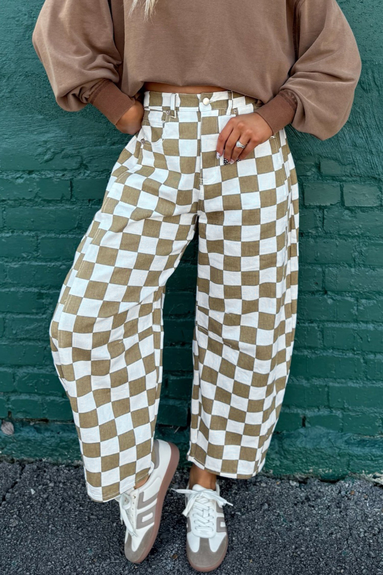 White Checkered Denim Barrel Pants Relaxed Fit Women UK 4-16