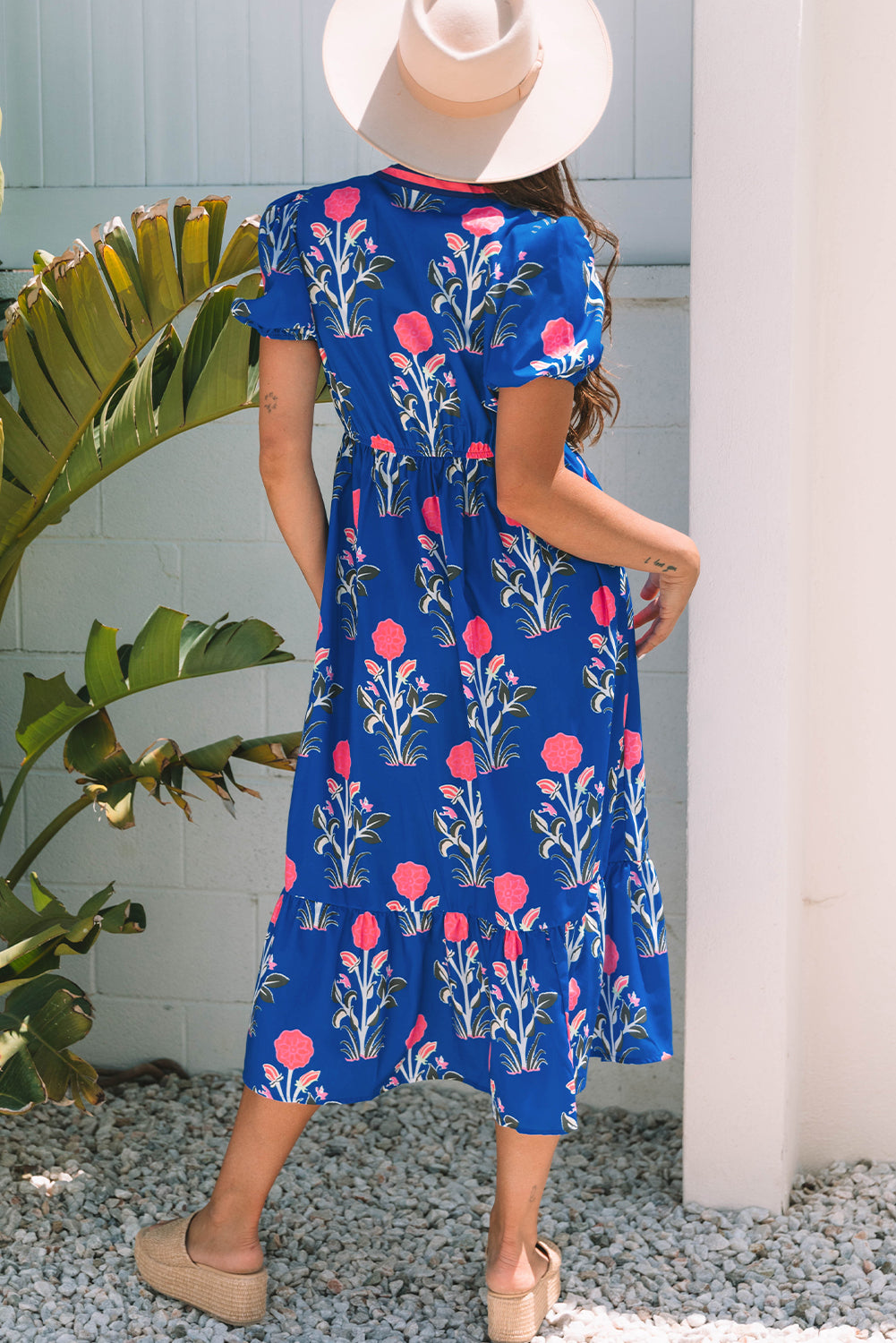 Women's Sky Blue Floral Puff Short Sleeve V Neck High Waist Maxi Dress at LivelyLooks