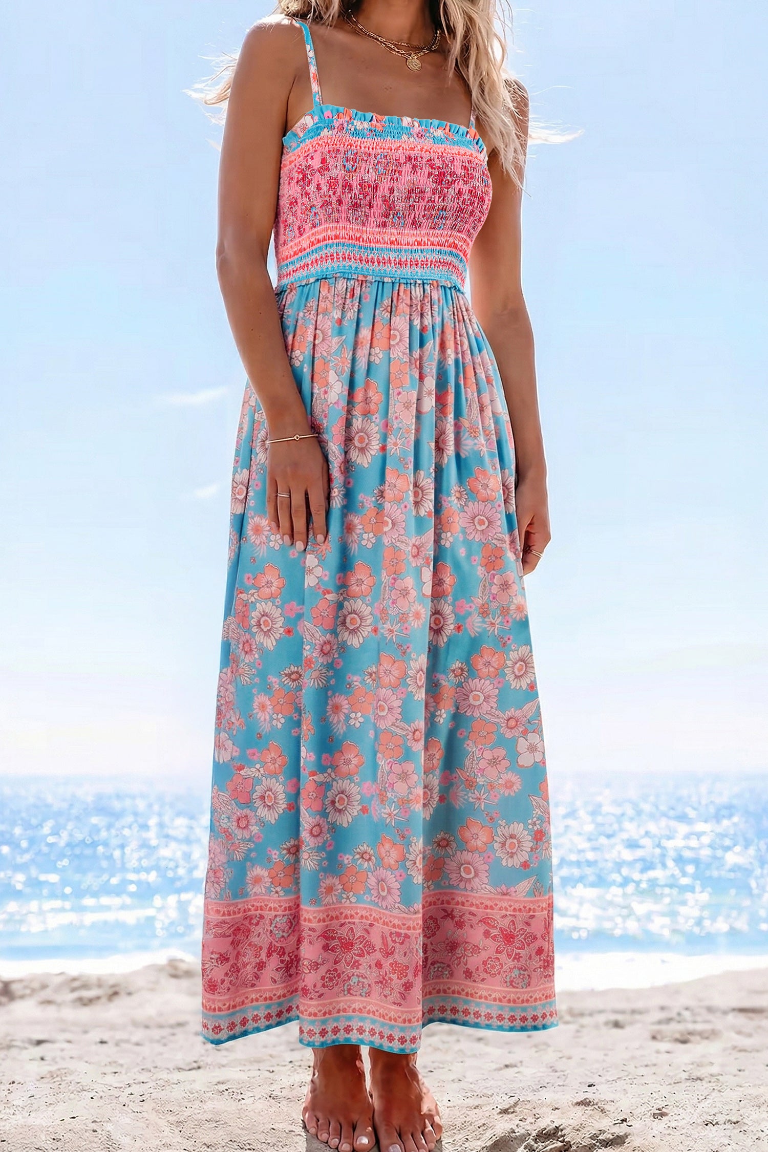 Sky Blue Bohemian Ethnic Print Spaghetti Strap Vacation Maxi Dress S-XL