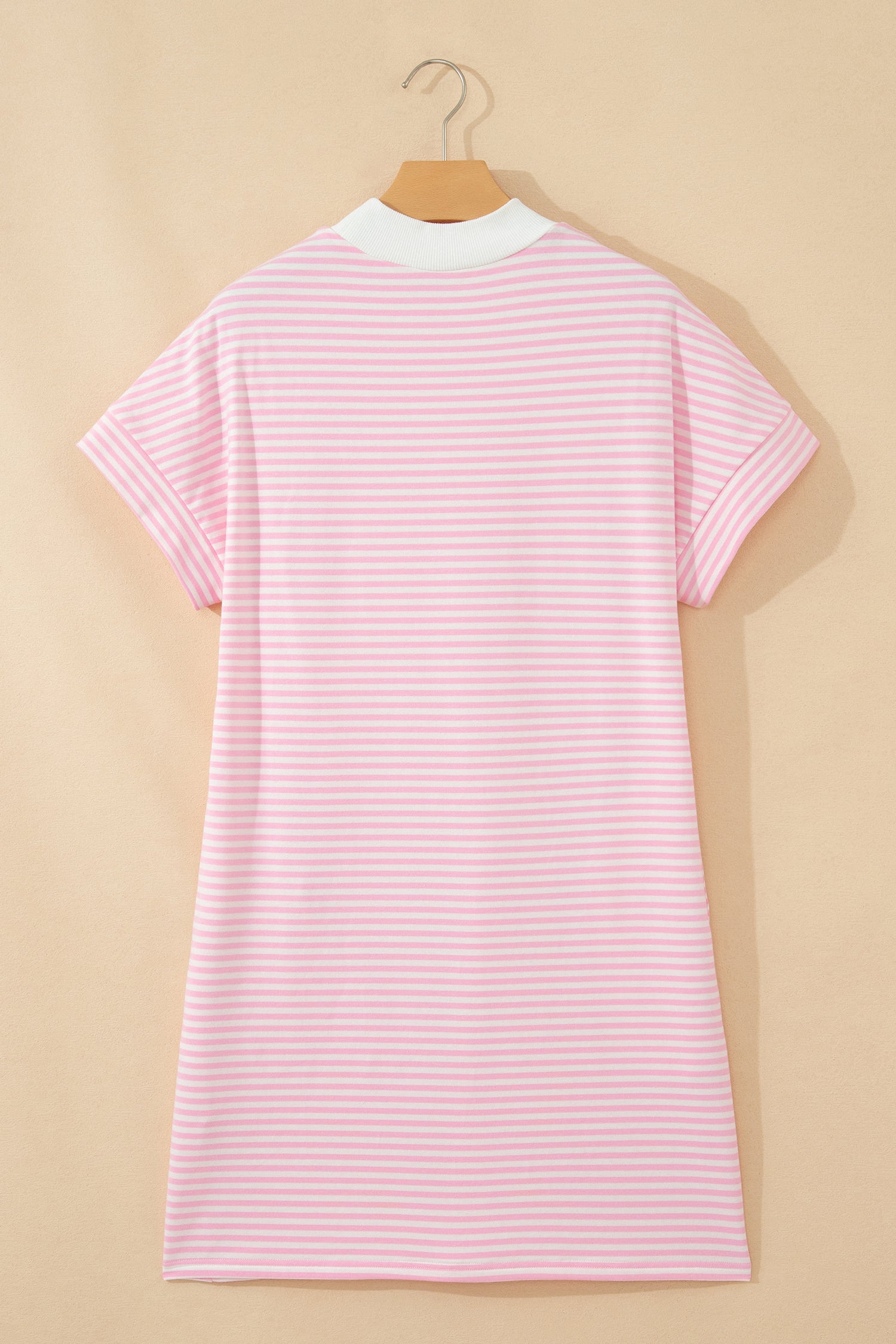 Pink Stripe Cuffed Short Sleeve Contrast Mock Neck Tee Dress S-XL