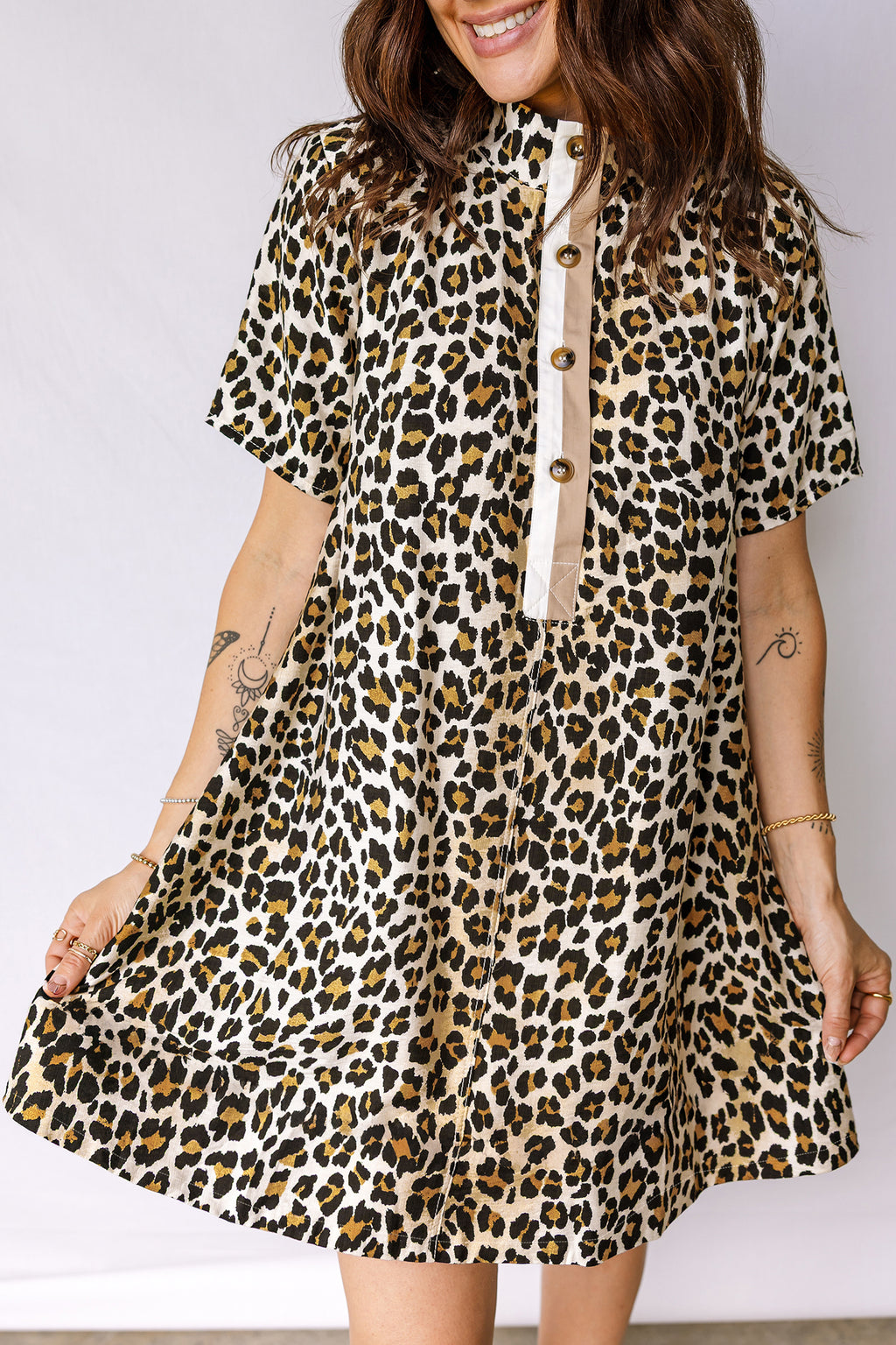 Women's Multicolour Half Buttons Short Sleeve Loose Leopard Mini Dress with Pockets at LivelyLooks
