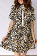 Women's Multicolour Half Buttons Short Sleeve Loose Leopard Mini Dress with Pockets at LivelyLooks