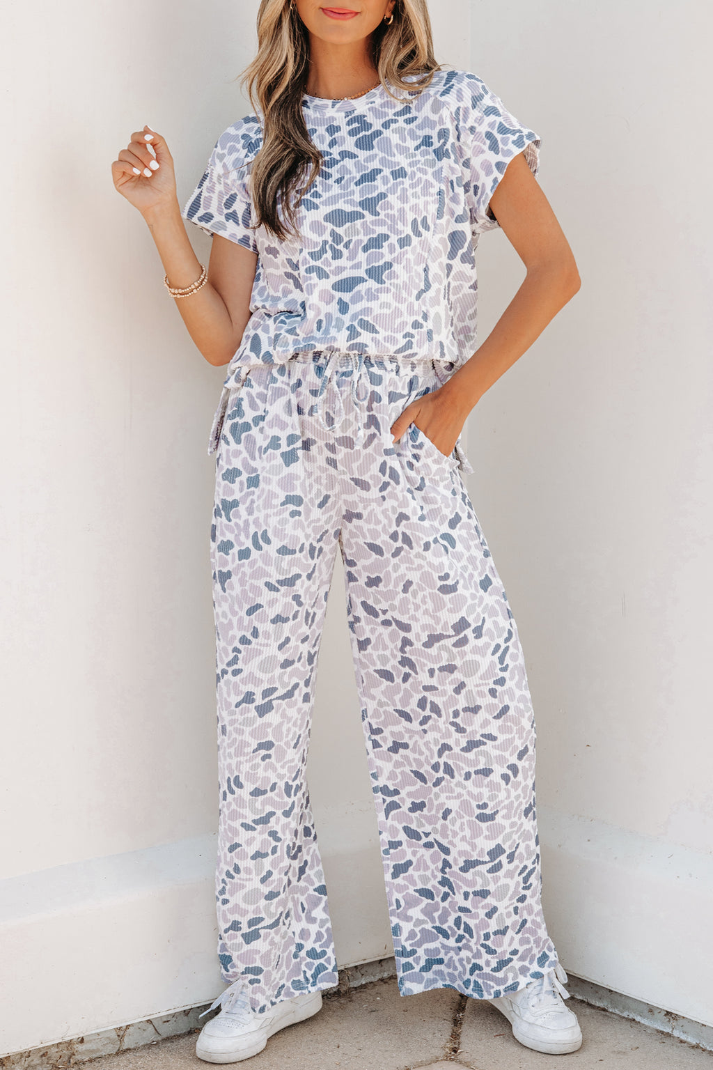 Beige Camouflage Print Twisted Rib Loose Tee & Drawstring Pants Set