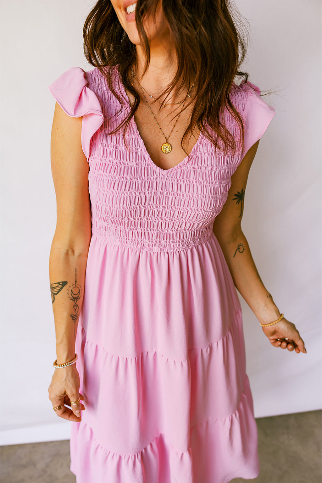 Women's Pink Smocked Bodice Flutter Sleeve Fit & Flare Tiered Midi Dress at LivelyLooks