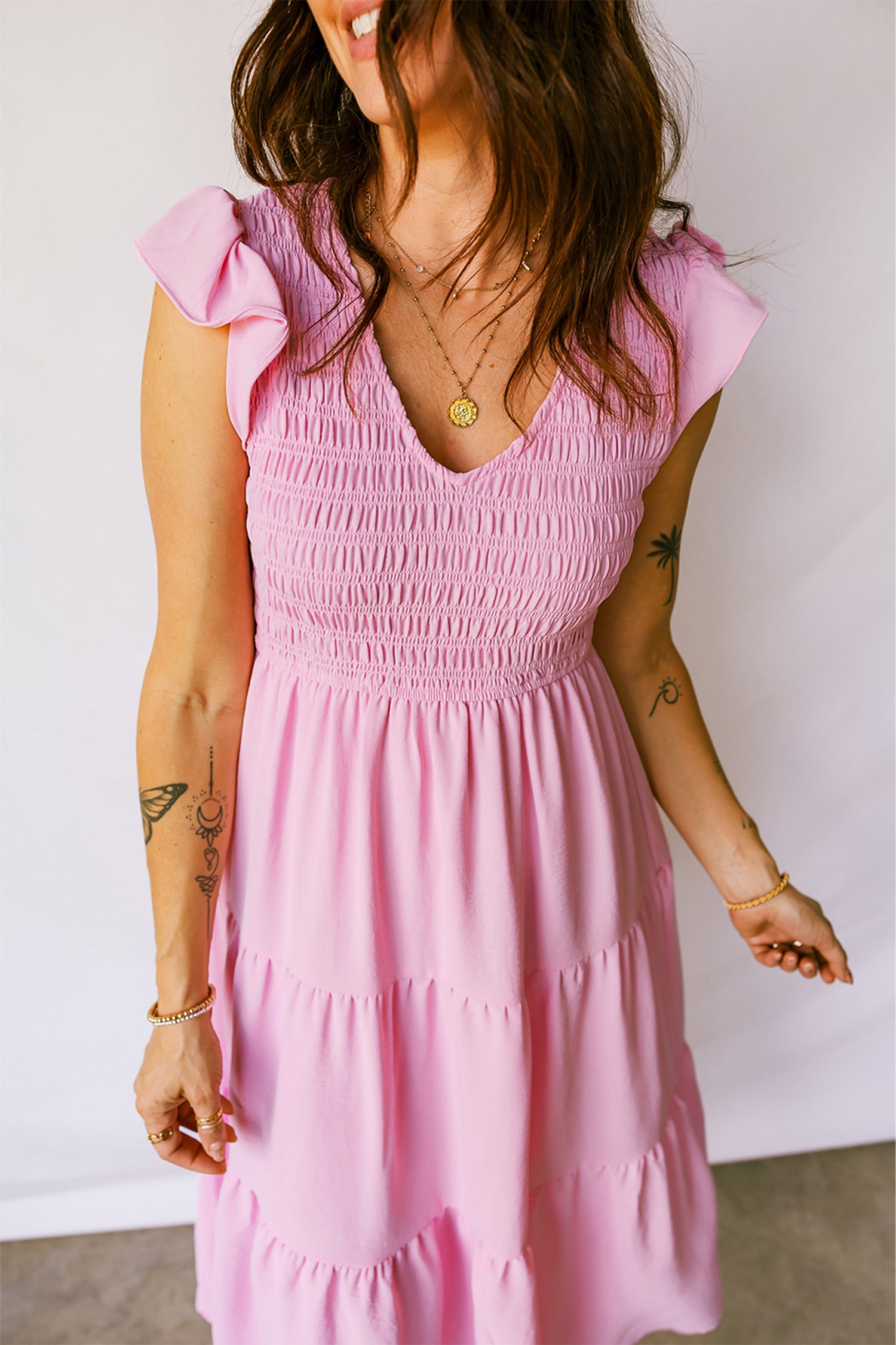 Women's Pink Smocked Bodice Flutter Sleeve Fit & Flare Tiered Midi Dress at LivelyLooks