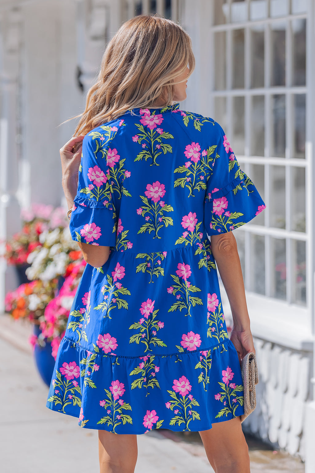 Blue V Neck Short Sleeve Loose Floral Maxi Dress S-XL