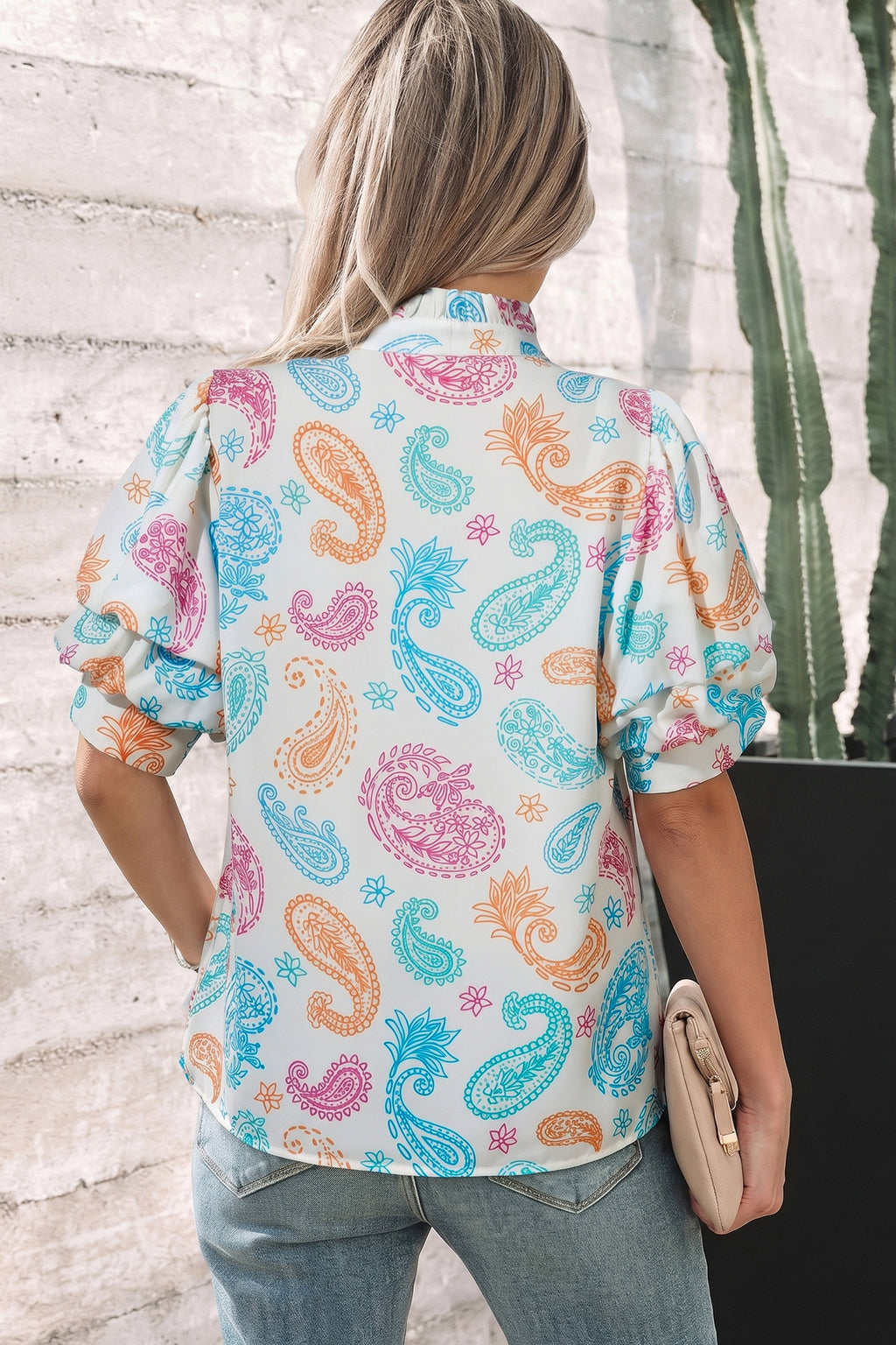 Women's Multicolour Vibrant Paisley Print Keyhole Puff Sleeve Blouse at LivelyLooks