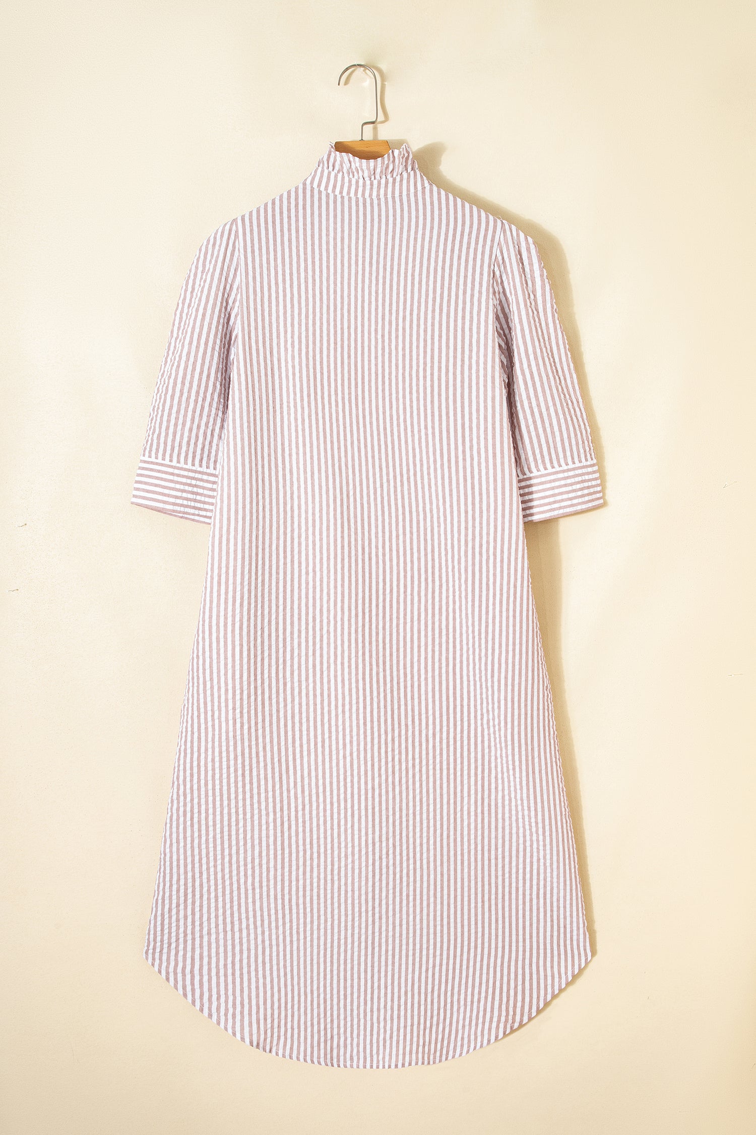 Khaki Stripe Frilled Collar Shirt Maxi Dress | Half Sleeve