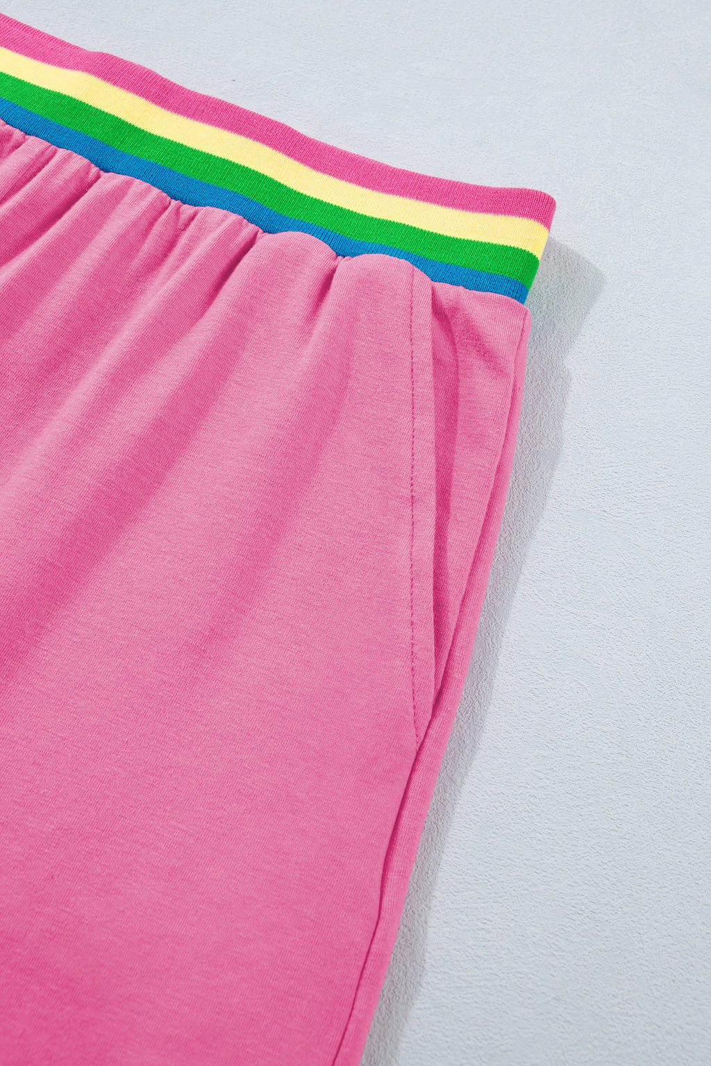 Bright Pink Seam Detail Raw Edge Tee & Rainbow Waistband Shorts Co-ord Set