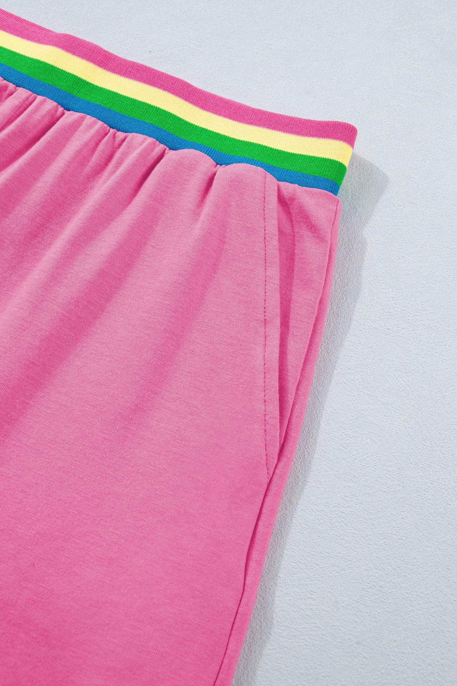 Bright Pink Seam Detail Raw Edge Tee & Rainbow Waistband Shorts Co-ord Set