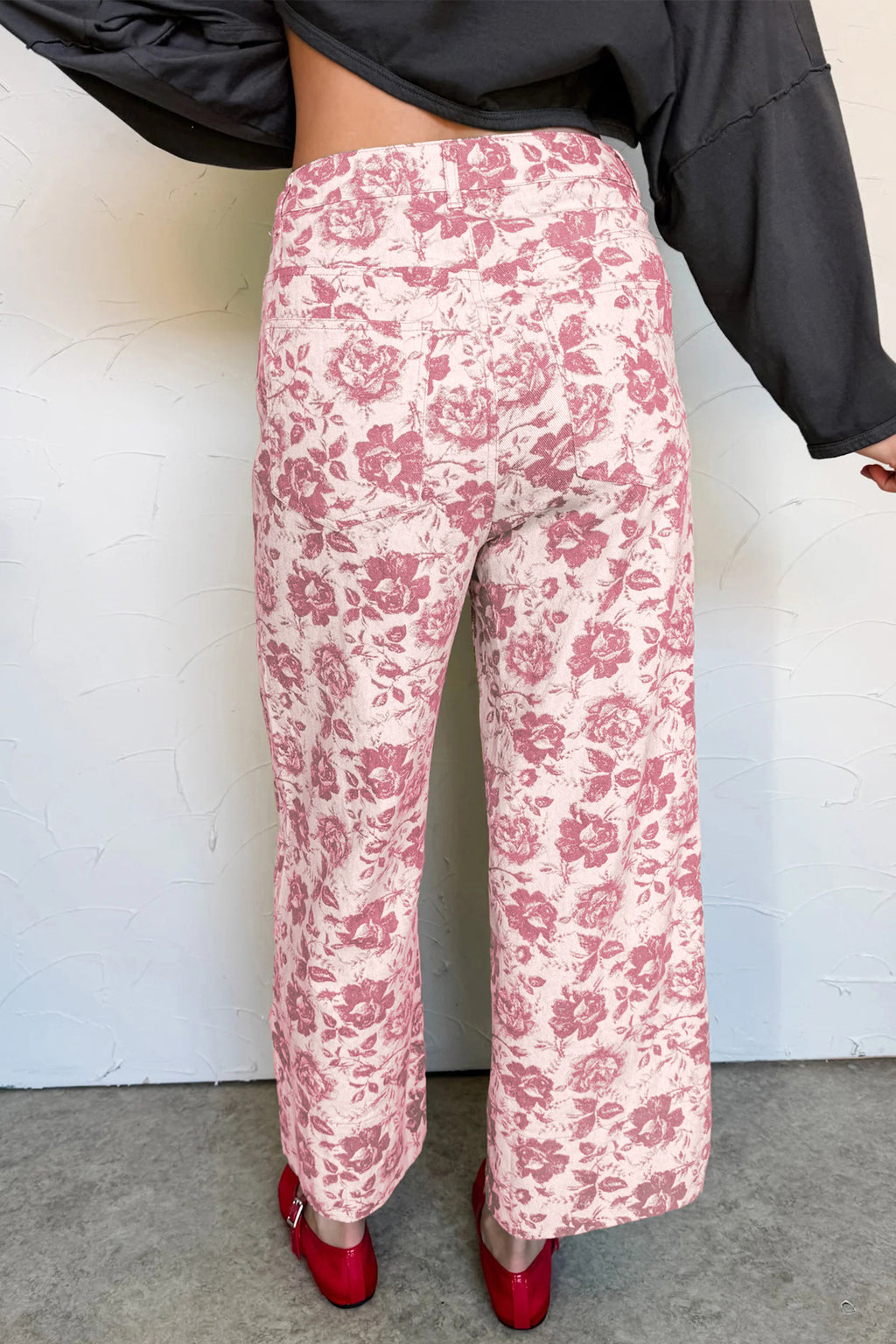 Pink Vintage Floral Print Wide Leg Denim Jeans | Sizes 4–16