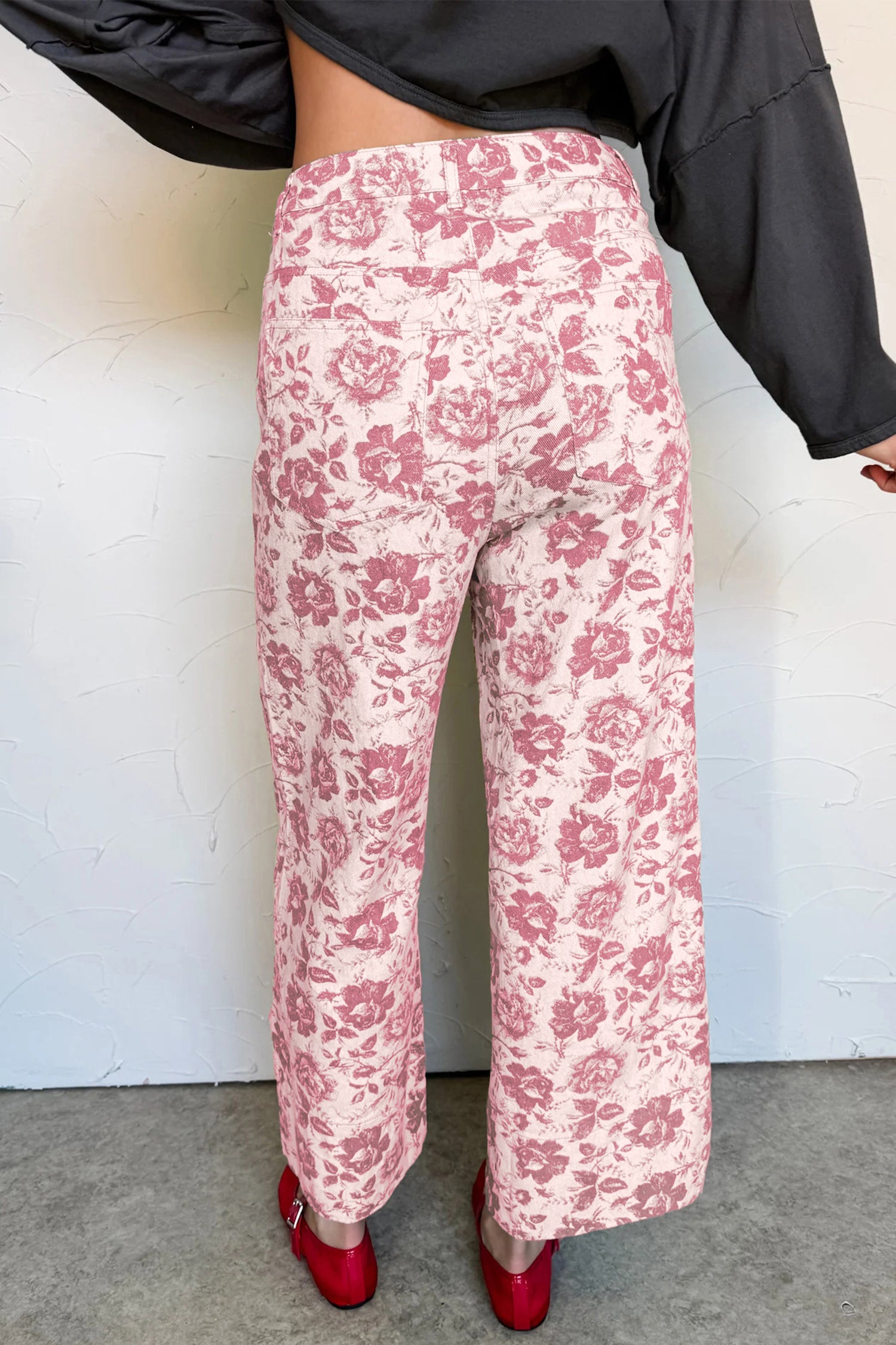 Pink Vintage Floral Print Wide Leg Denim Jeans | Sizes 4–16