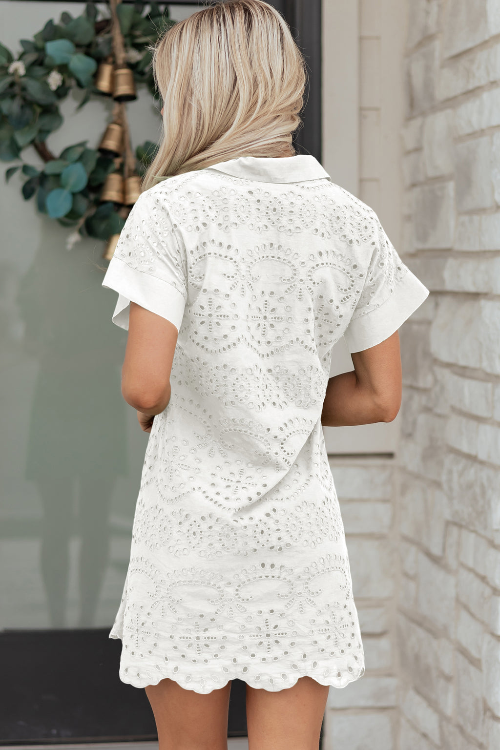 White & Green Eyelet Embroidered Short Sleeve T-Shirt Mini Dress