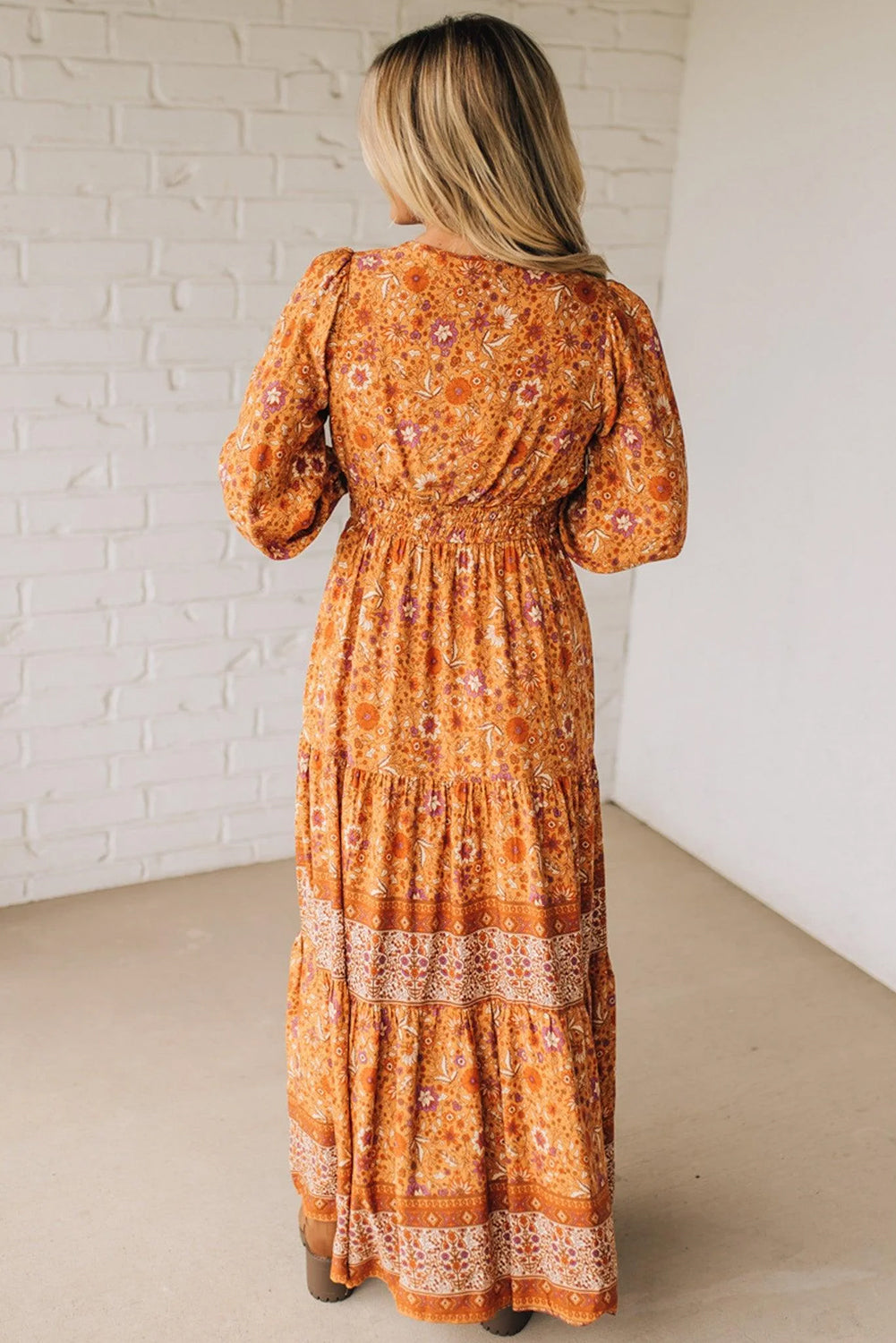 Women's Orange Floral Boho Maxi Dress Smocked Waist Puff Sleeve Tiered S-XL at LivelyLooks