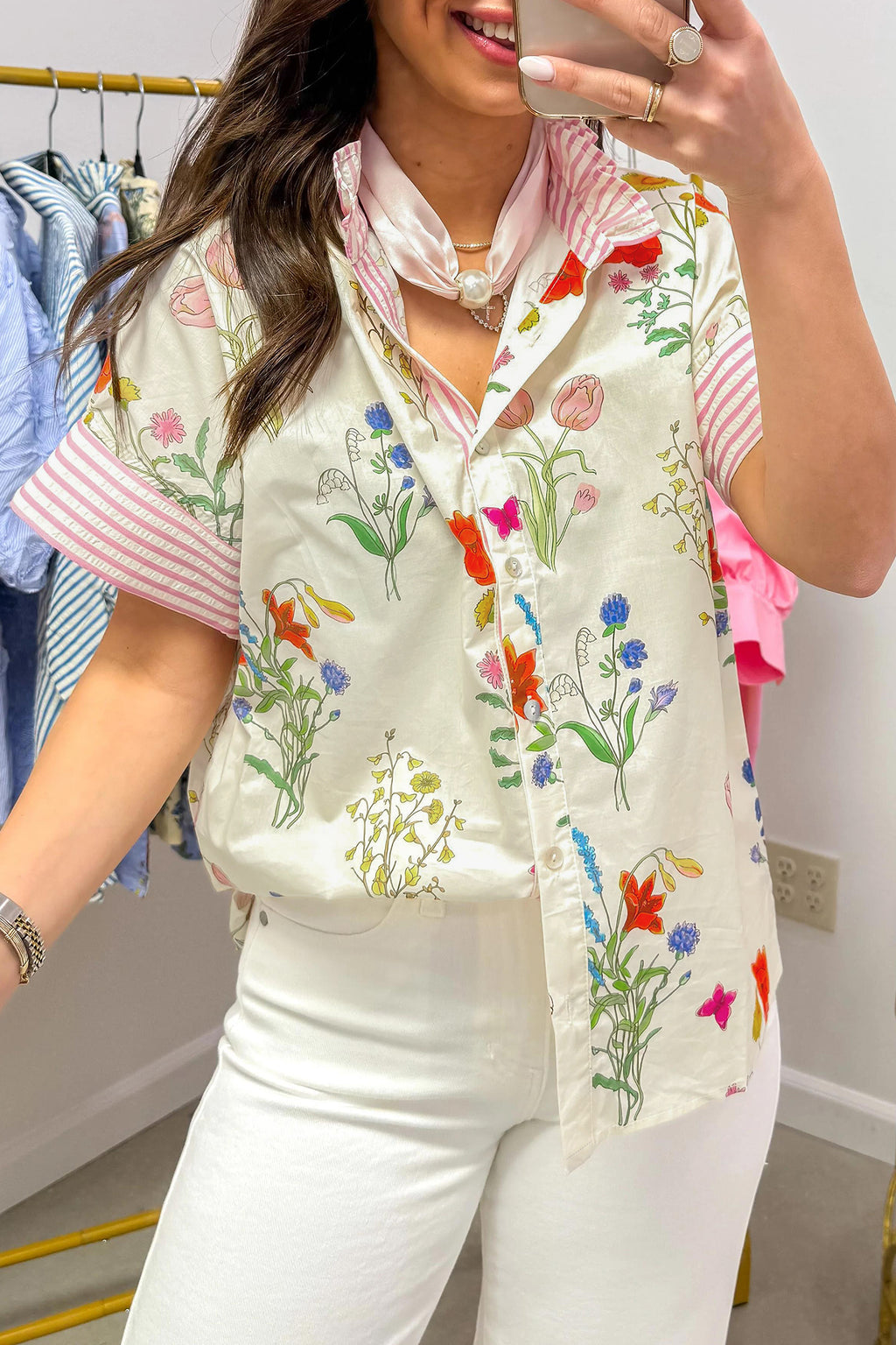 Floral Striped Ruffled Collar Shirt Short Sleeve Beige Sky Blue UK 8-22