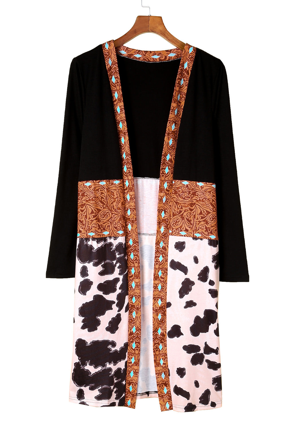 Women's Black Western Pattern Cow Patchwork Open Front Cardigan Knitwear Aztec Jumper Coat at LivelyLooks