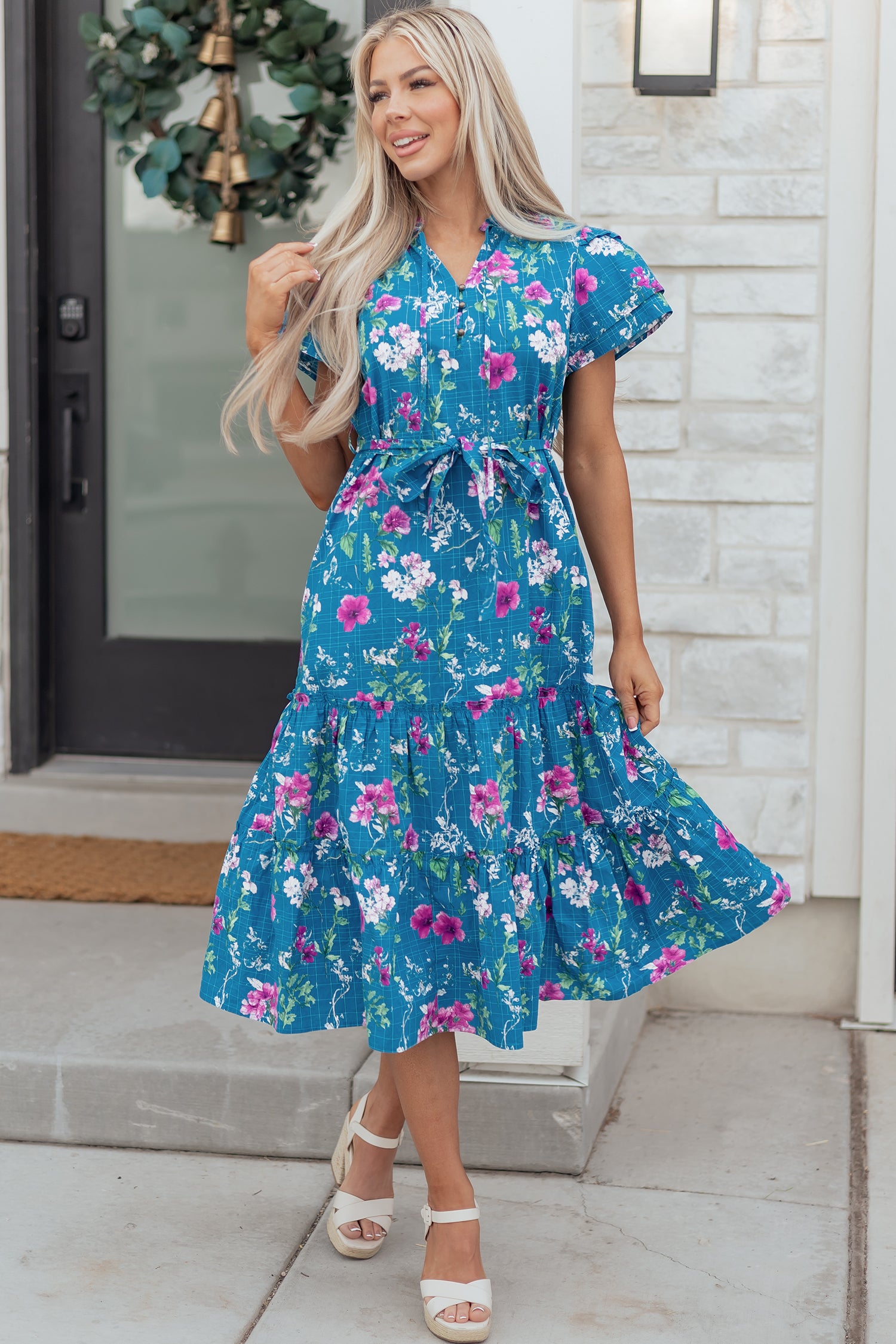 Blue Floral Flutter Sleeve Button Tie Split Neck Belted Long Dress S-XL