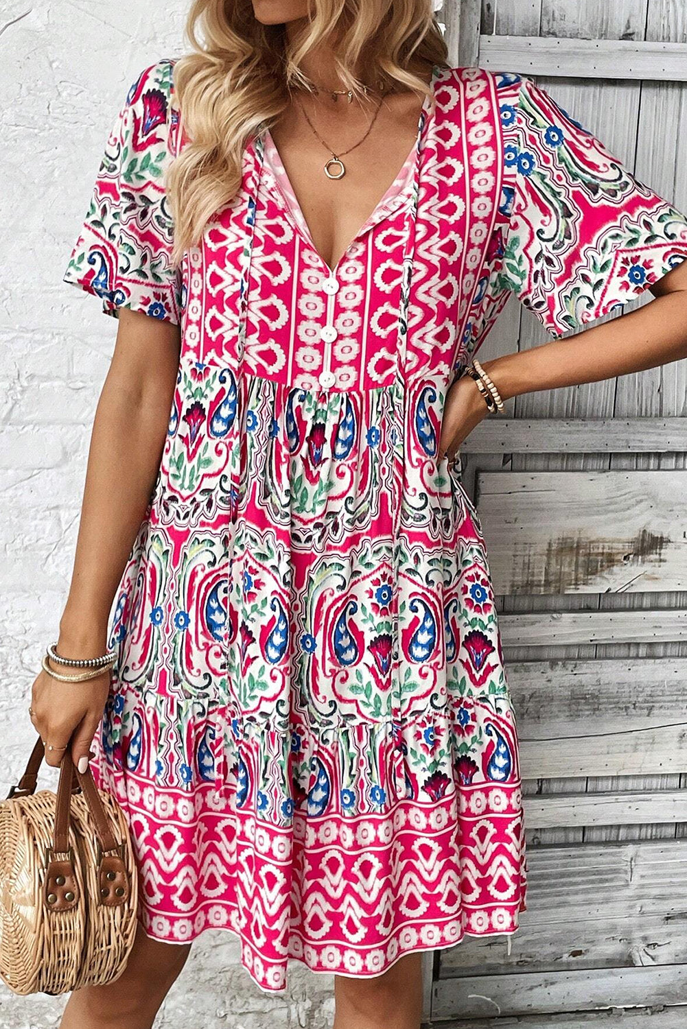 LivelyLooks Pink Boho Print Tie Neck Ruffle Hem Short Dress S-3XL women's fashion