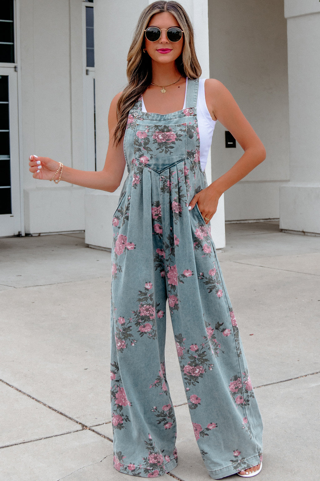 Floral Print Pleated High Waist Wide Leg Denim Jumpsuit | S-XL