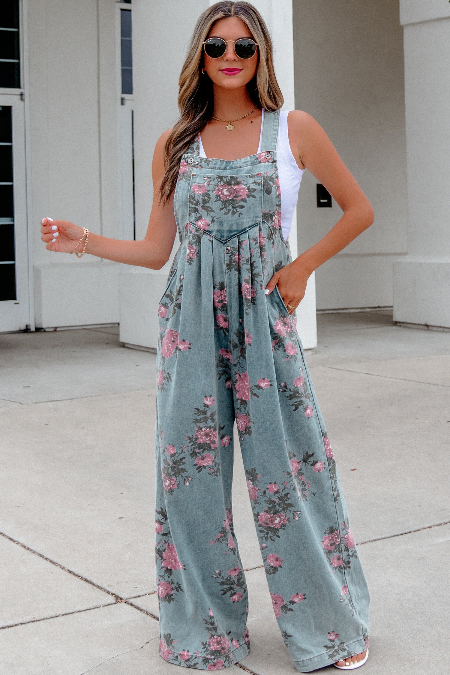 Floral Print Pleated High Waist Wide Leg Denim Jumpsuit | S-XL