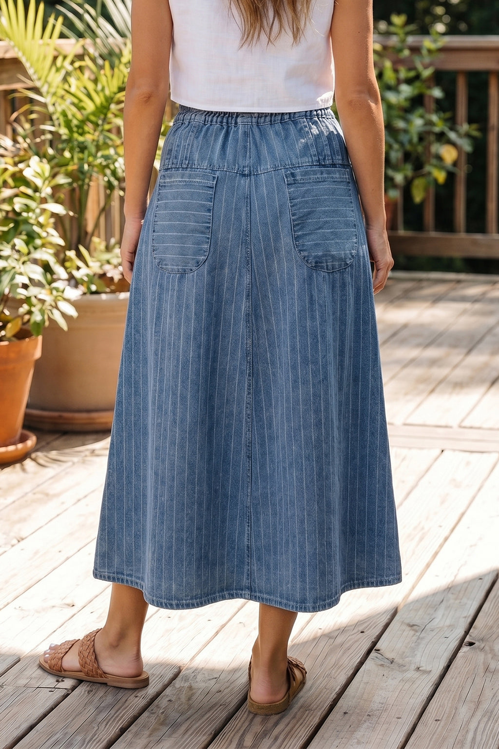 Sky Blue Stripe Pintuck High Waist Drawstring Denim Midi Skirt