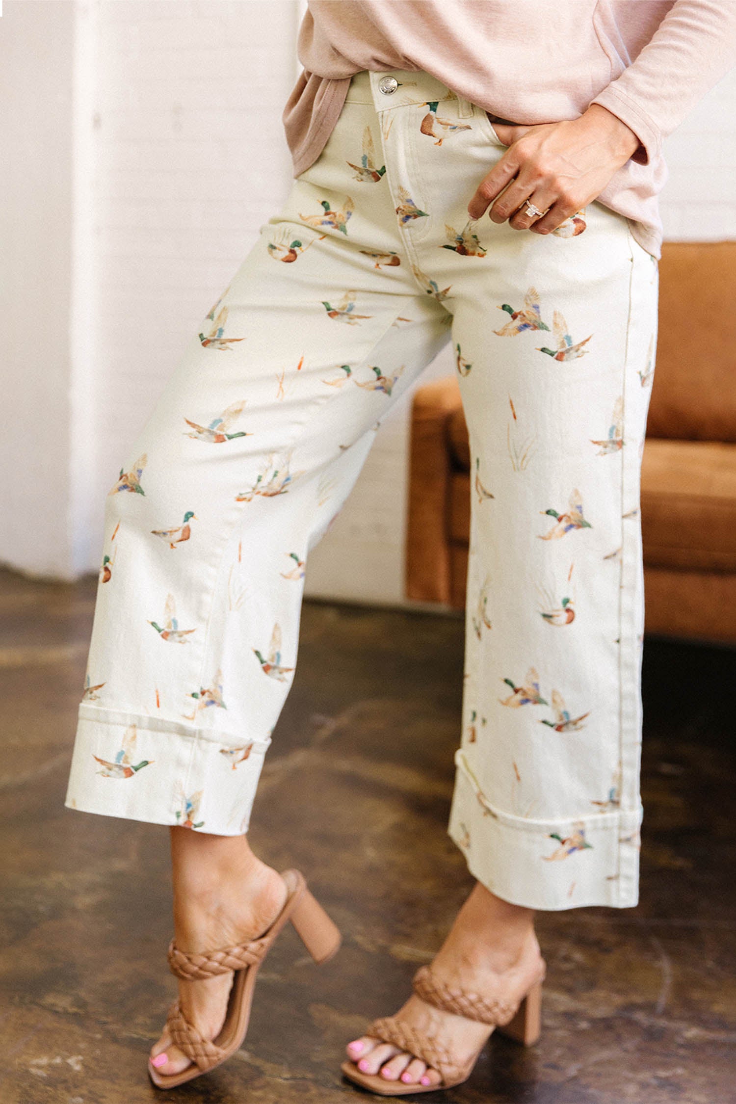 Beige Mallard Print Cuffed Hem Shift Jeans Pockets Elastic UK 4-16