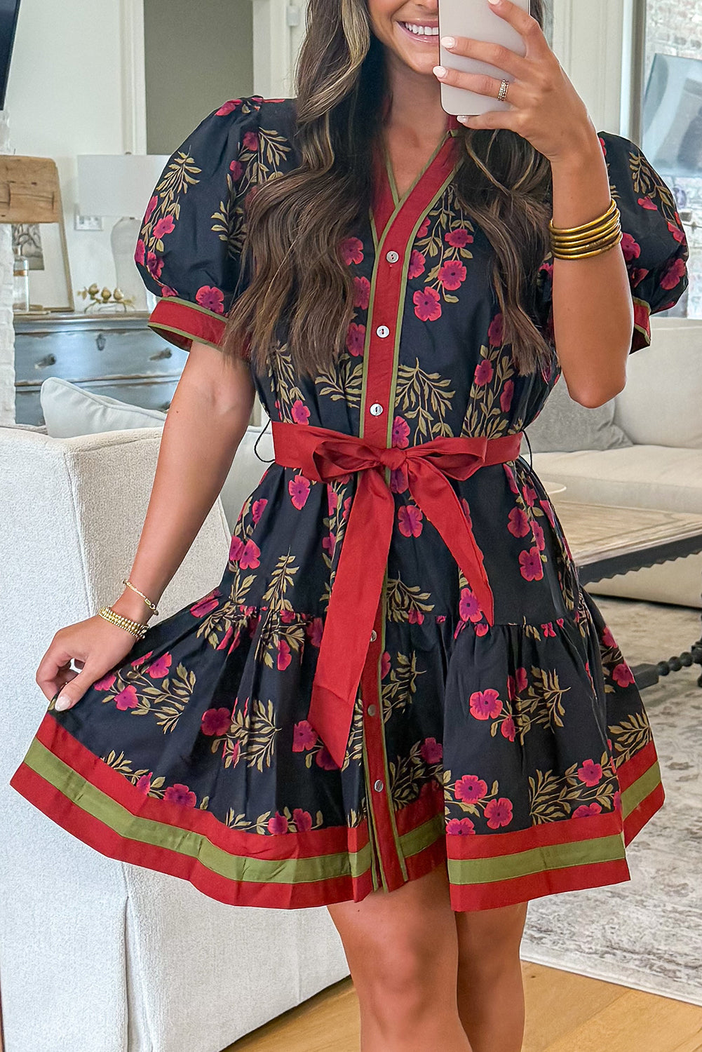Black Retro Floral Belted Puff Sleeve Button Down Mini Dress