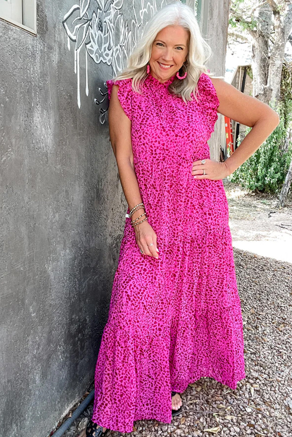 Women's Pink Leopard Print Ruffled Trim Tiered Maxi Dress Animal Pattern Casual Sundress at LivelyLooks