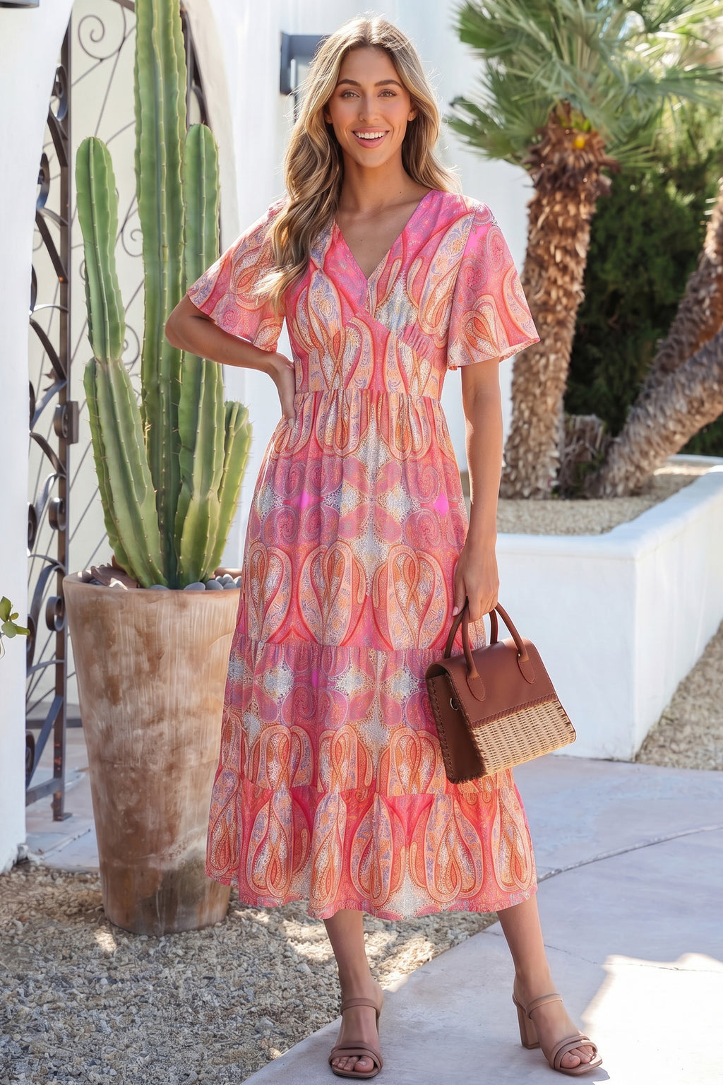 Multicolour Paisley Print V-Neck Flutter Sleeve Boho Maxi Dress