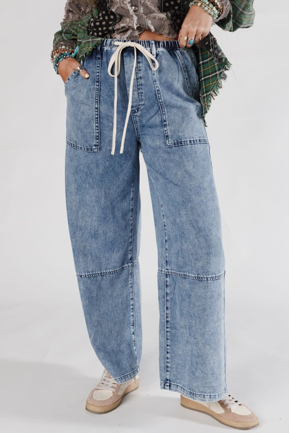 Shop Ashleigh Blue Acid Wash Exposed Seam Drawstring Elastic Waist Barrel Jeans at LivelyLooks