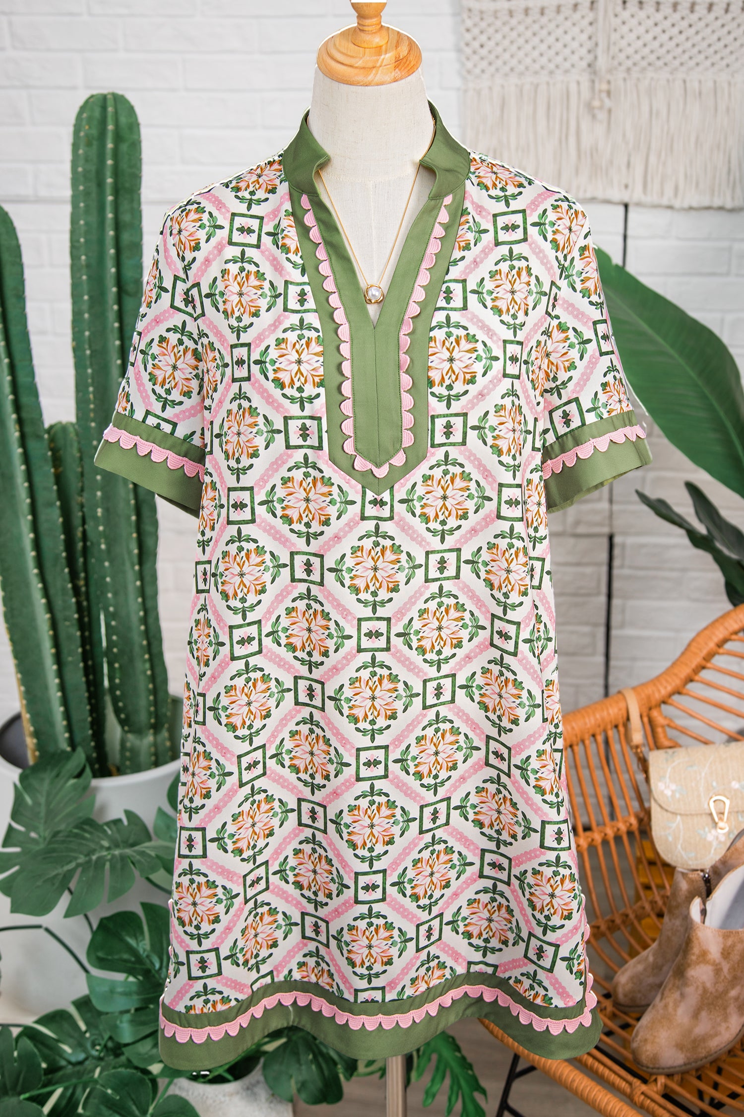 Multicolour Boho Geometric Flower Print Short Sleeve Loose Mini Dress S-XL