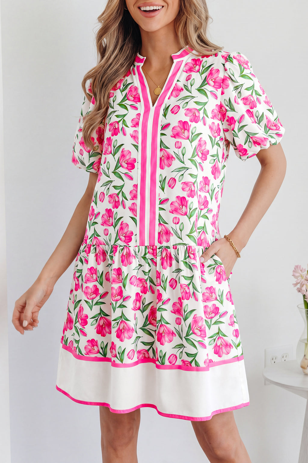 Multicolour Sweet Floral Striped Colourblock Trim V-Neck Mini Dress