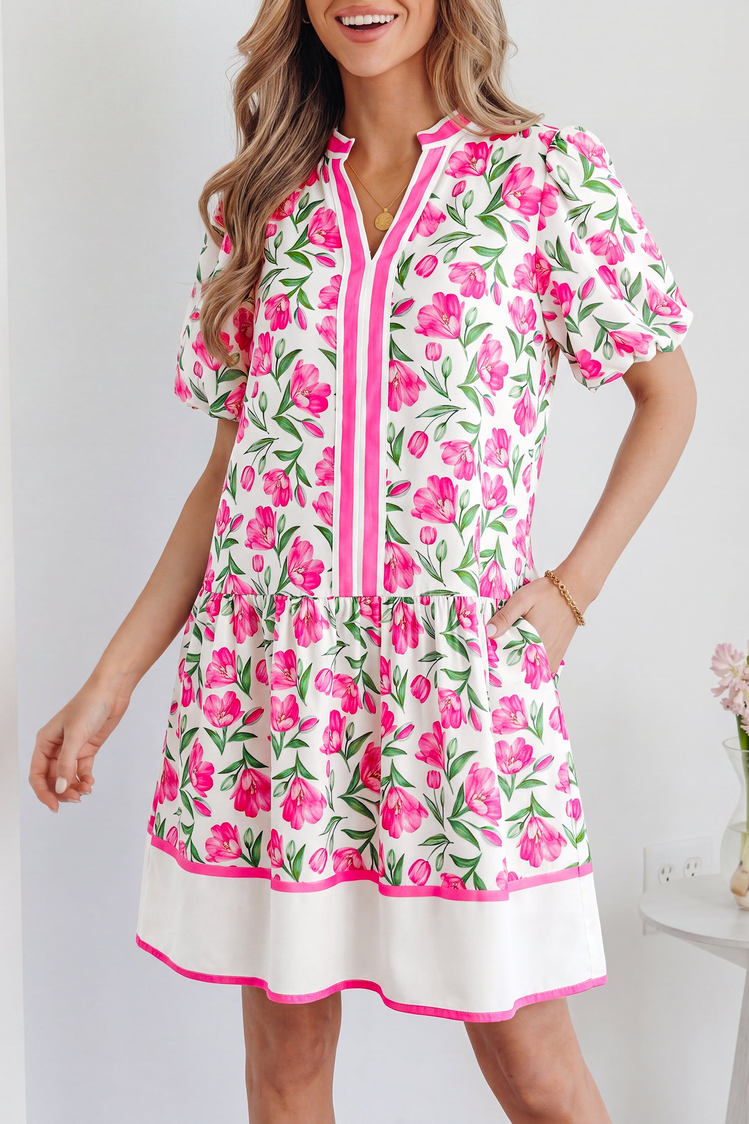 Multicolour Sweet Floral Striped Colourblock Trim V-Neck Mini Dress