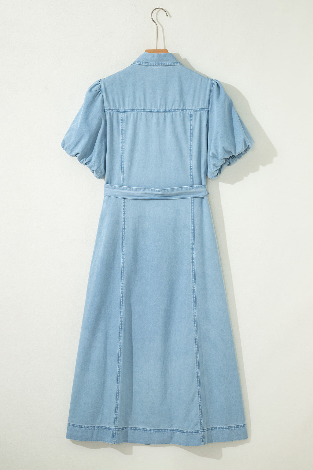 Women's Blue Button-Down Collared Bubble Sleeve Long Denim Dress at LivelyLooks