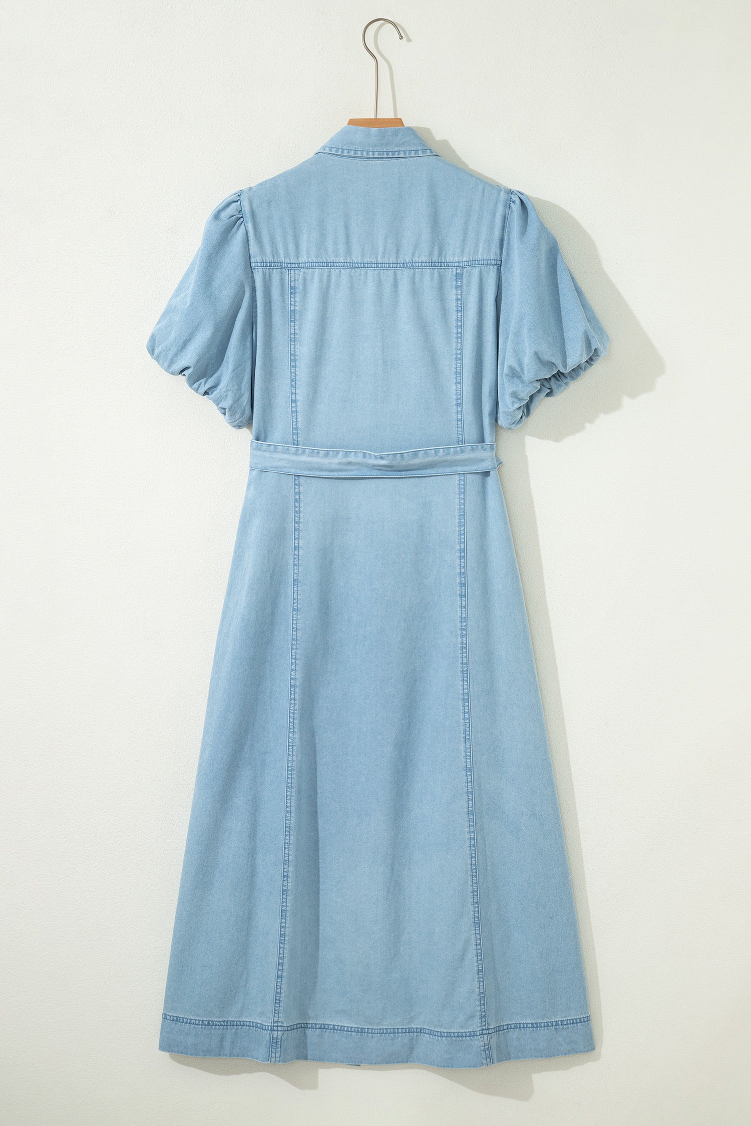 Women's Blue Button-Down Collared Bubble Sleeve Long Denim Dress at LivelyLooks