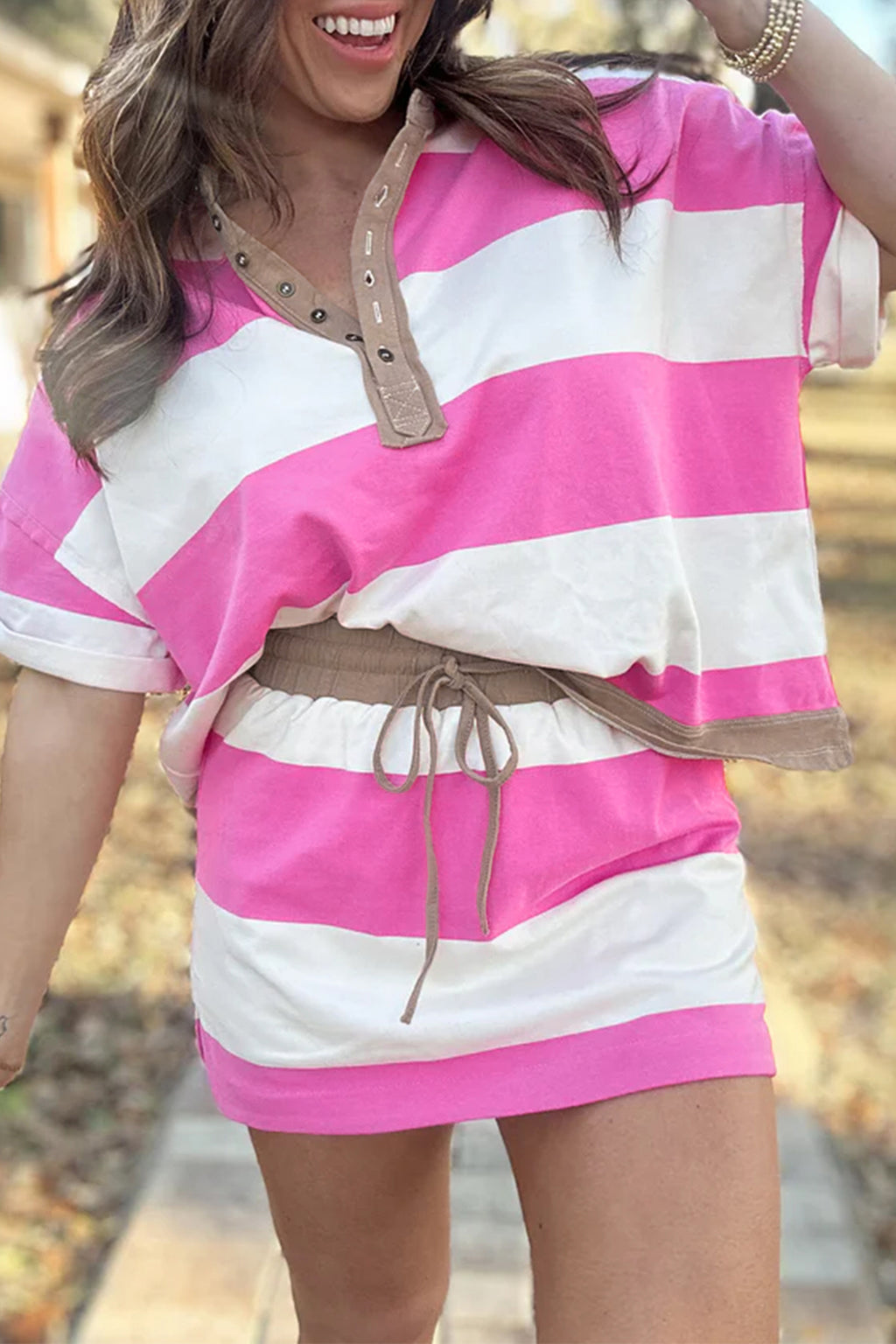 Rose Stripe Colourblock Polo Tee & Drawstring Mini Skirt Set | UK 8–22