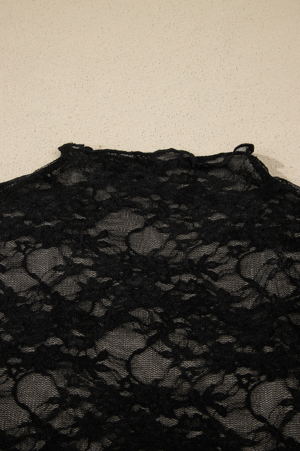 LivelyLooks Black Sheer Floral Lace Lettuce Trim Mock Neck Long Sleeve Top women's fashion