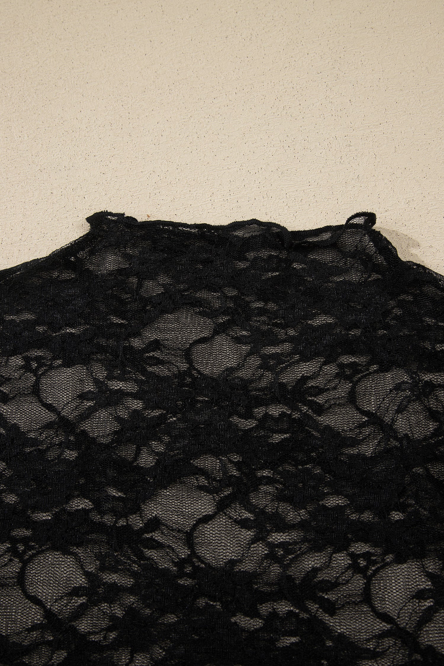 LivelyLooks Black Sheer Floral Lace Lettuce Trim Mock Neck Long Sleeve Top women's fashion