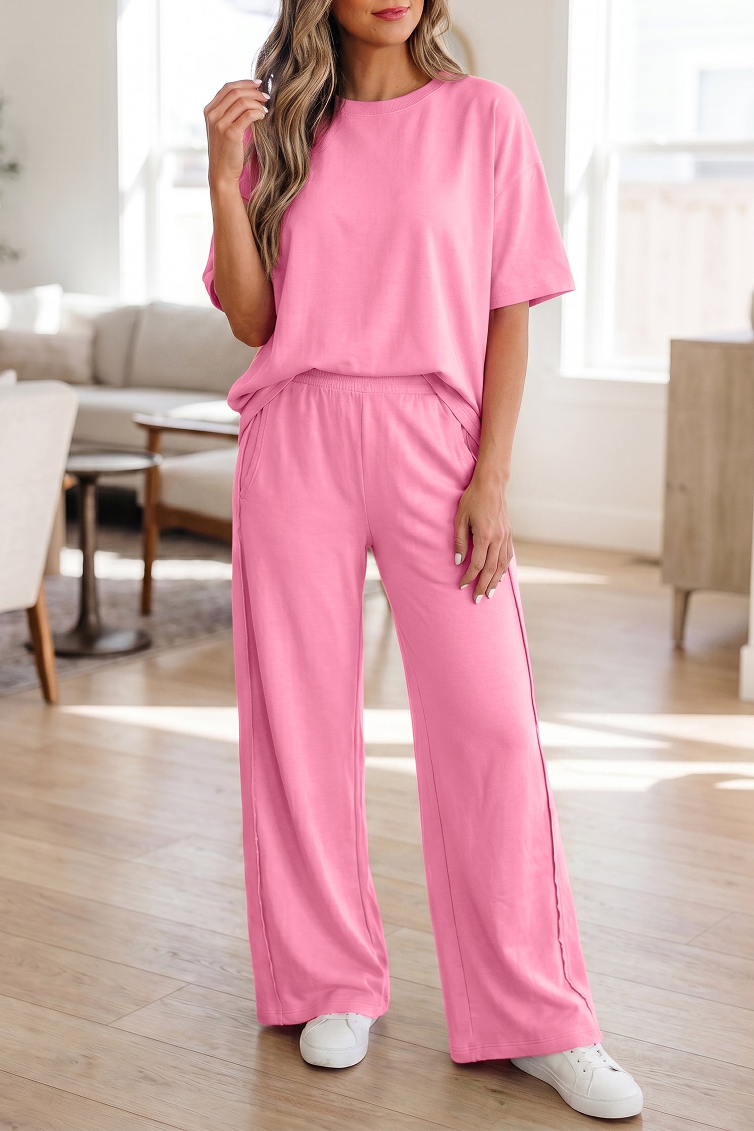 Solid Oversized Tee & Pocketed Wide Leg Trousers Set | Blue, Pink & Green | UK 8–18