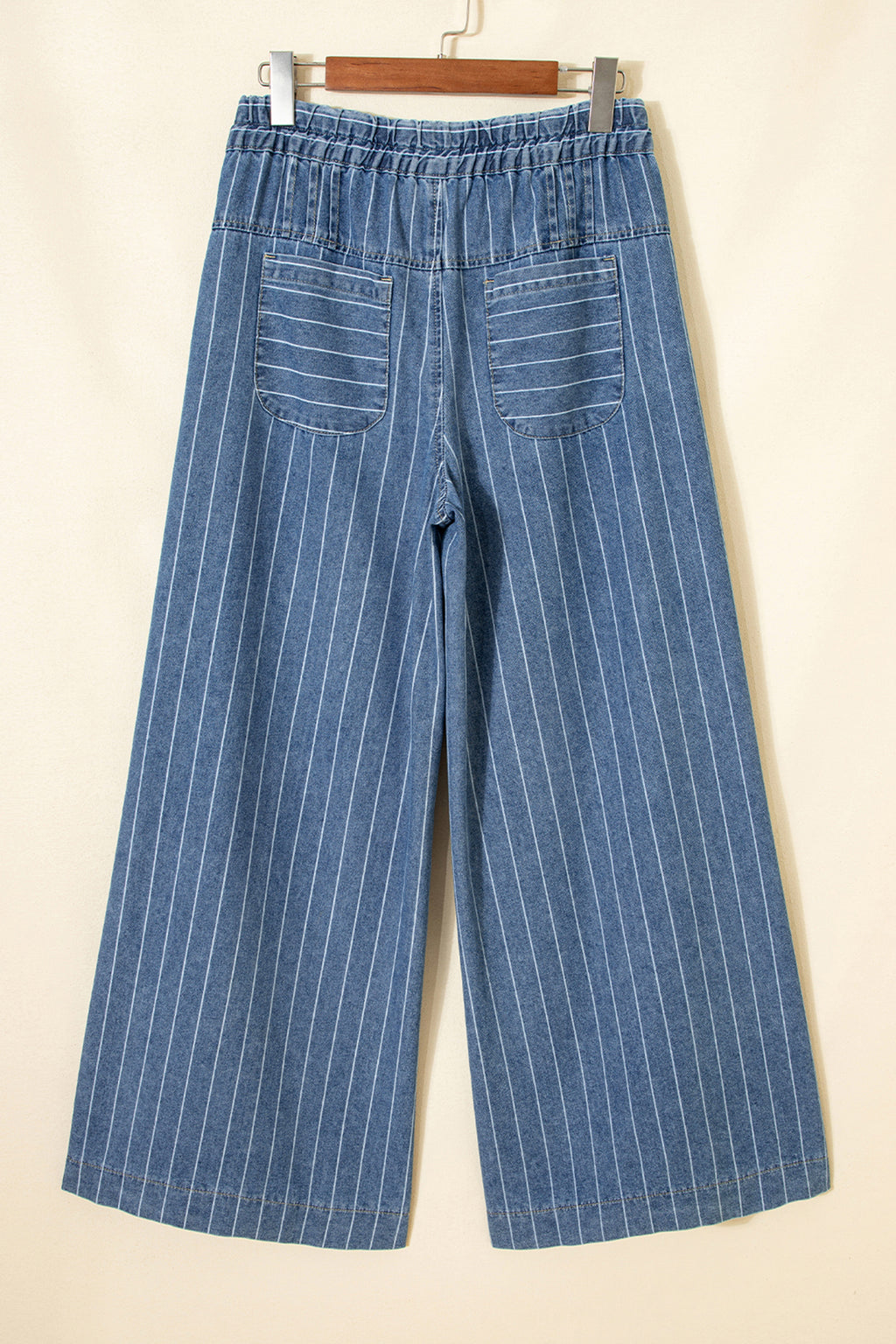 Sky Blue Stripe Plus Size Wide Leg Denim Trousers Button Front Drawstring 1X-4X