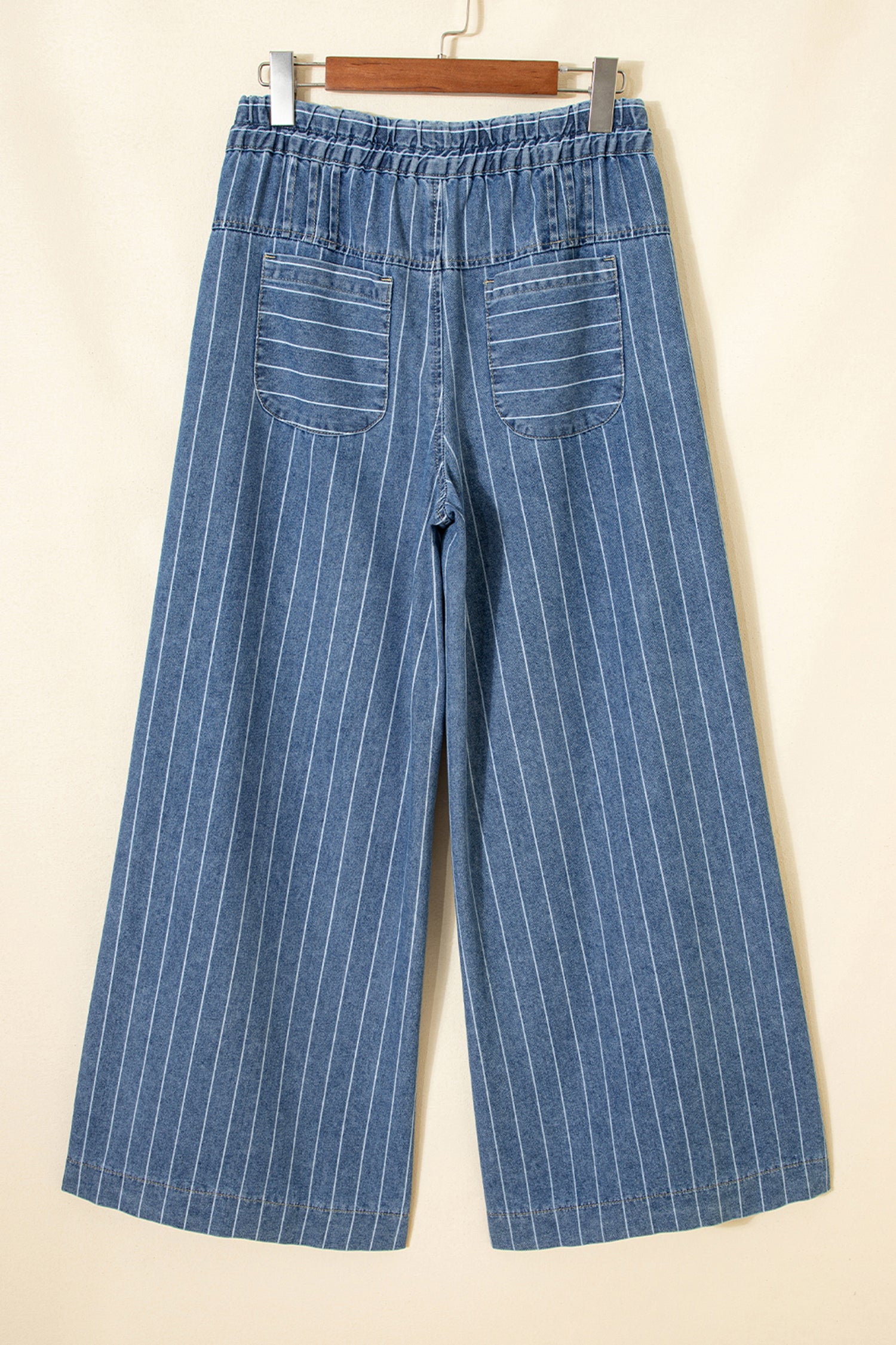 Sky Blue Stripe Plus Size Wide Leg Denim Trousers Button Front Drawstring 1X-4X