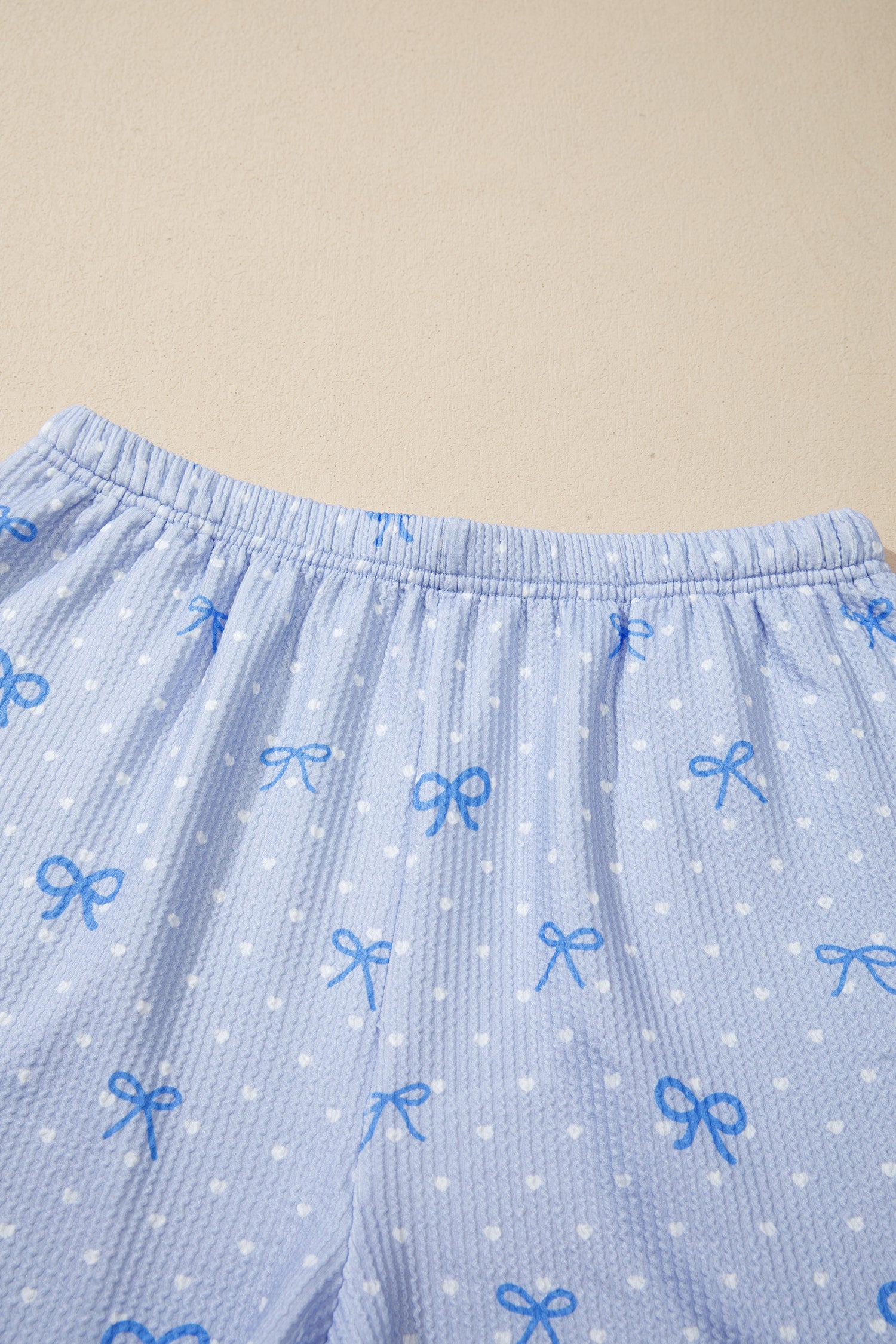 Sky Blue Tiny Heart & Bow Print Twisted Rib Loose 2pcs Short Set