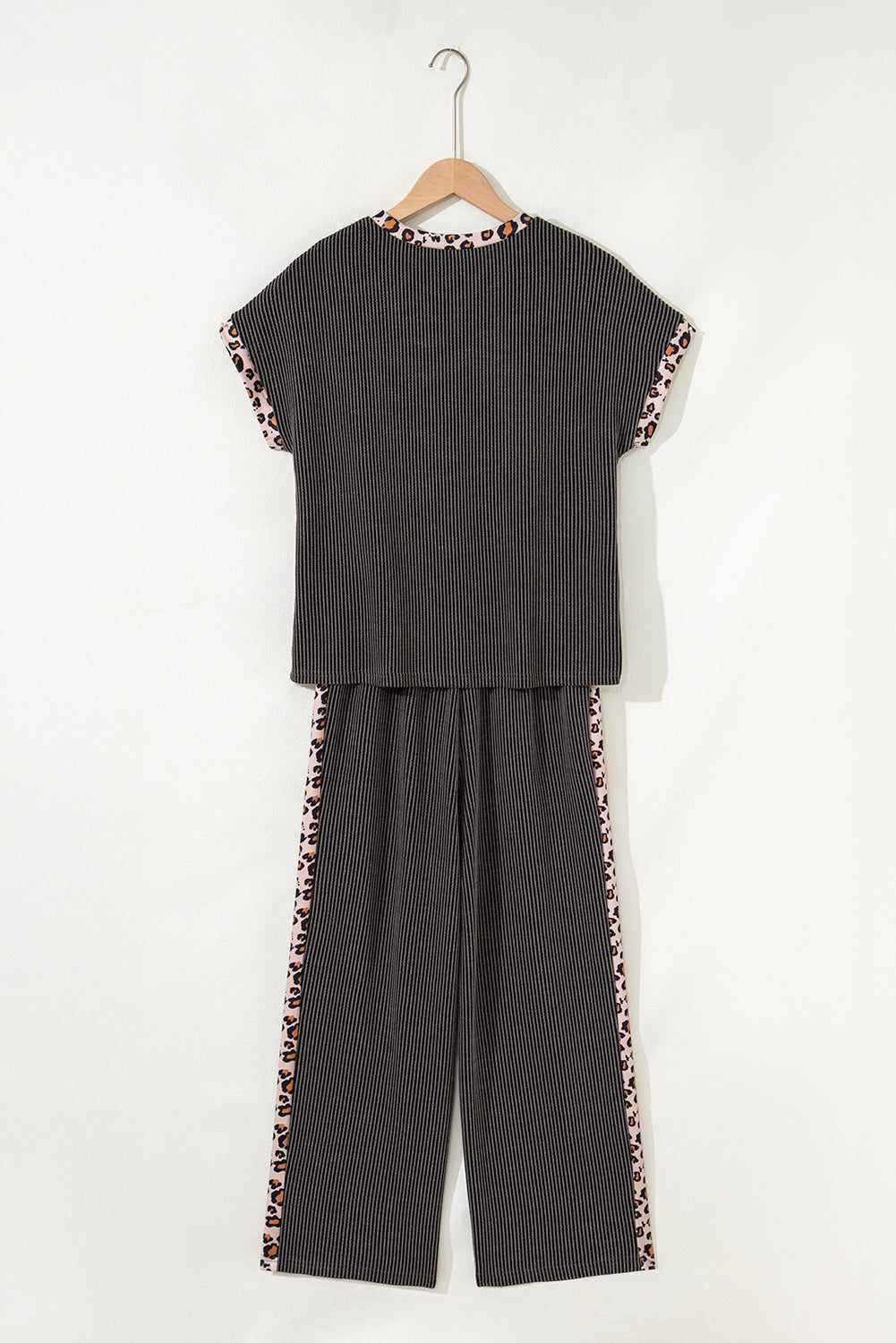 Carbon Grey Leopard Patchwork Twisted Rib T-Shirt & Cropped Pants Set | UK 8–22