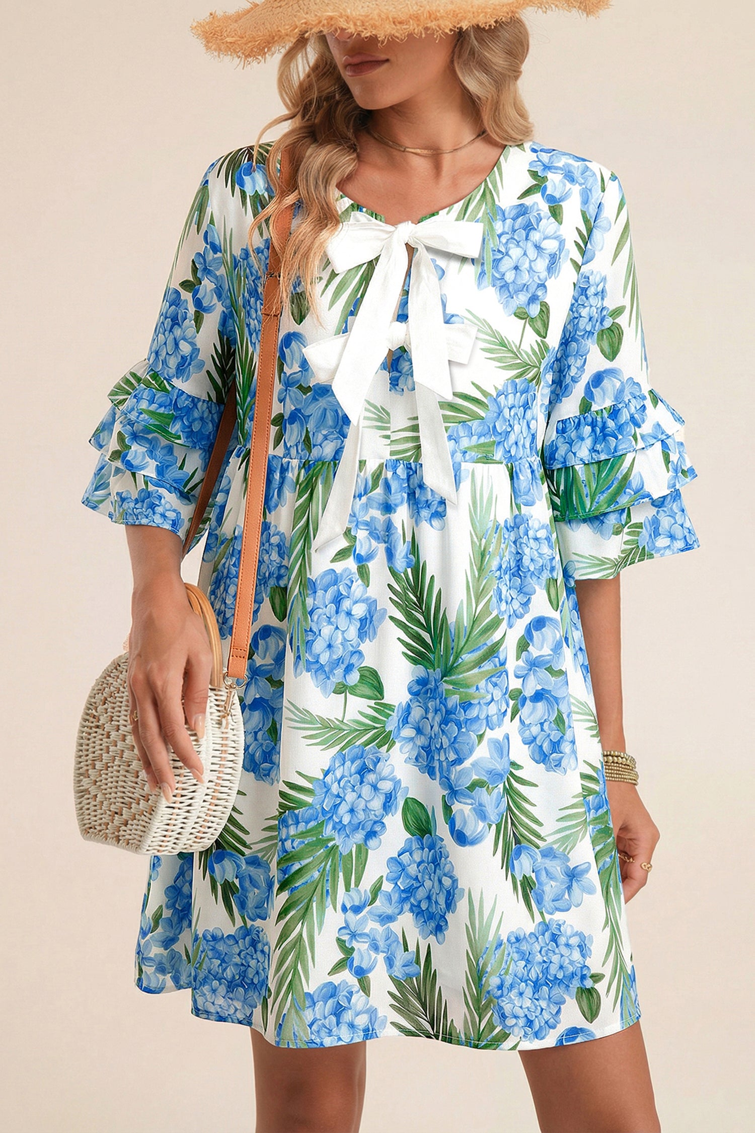 Sky Blue Palm Floral Print Contrast Ribbon Knot Ruffle Sleeve Mini Dress | UK 8–22