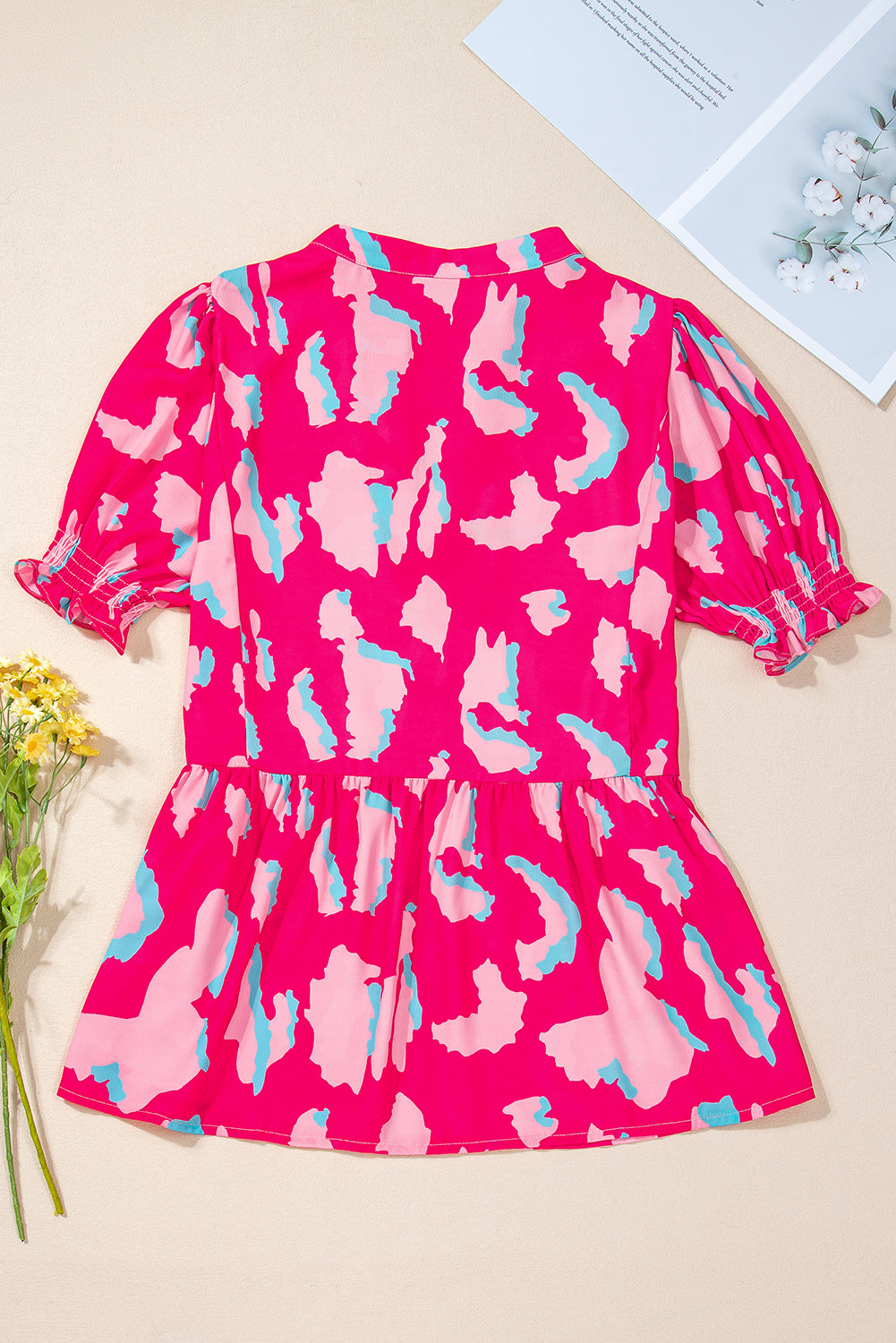 LivelyLooks Pink Abstract Print Smocked Puff Sleeve V Neck Blouse Summer Boho Holiday Top women's fashion